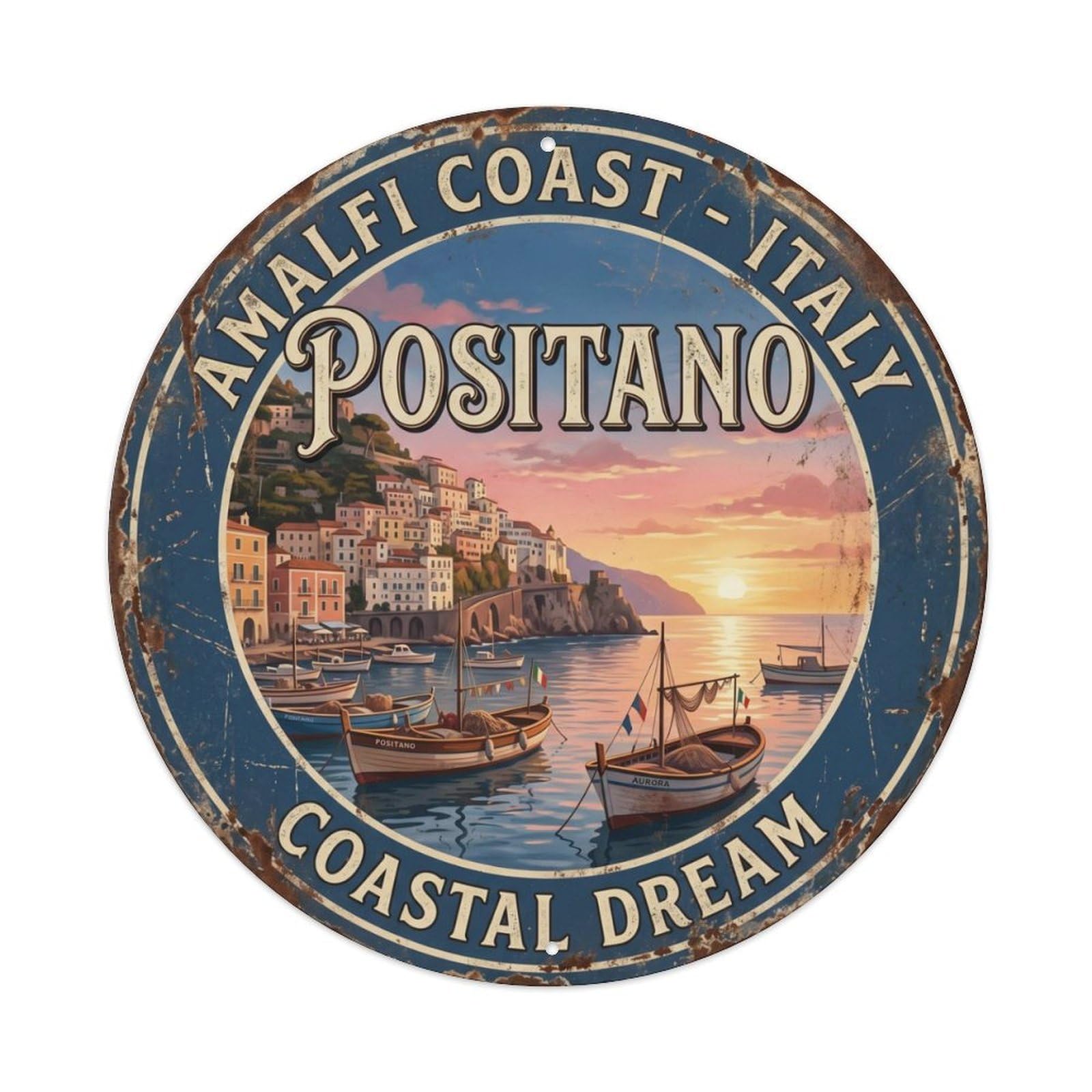 Vintage Travel Positano Sunset Harbor Metal Tin Sign Plaque Wall Decor for Cafe, Club, Garden Round Metal Poster 8x8Inch
