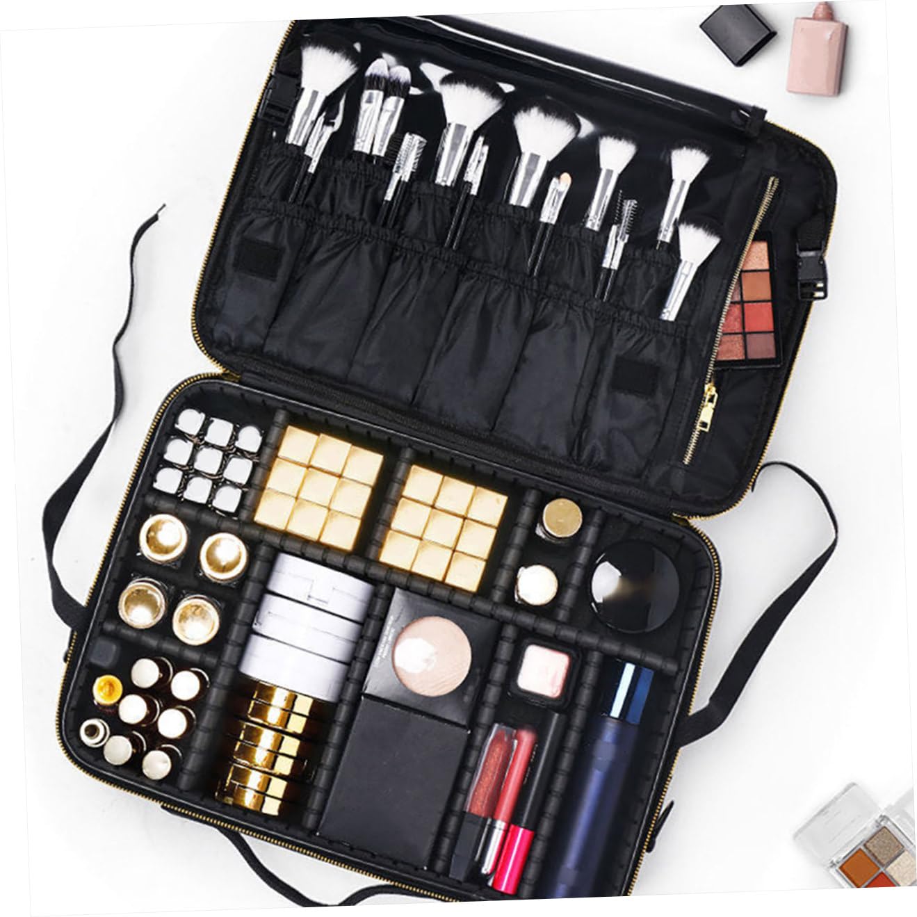 Abaodam Borsa per Cosmetici da Viaggio Portatile Oxford Nero Design a Griglie e Manico, Facile da Trasportare, per Organizzare Prodotti di Bellezza e Accessori