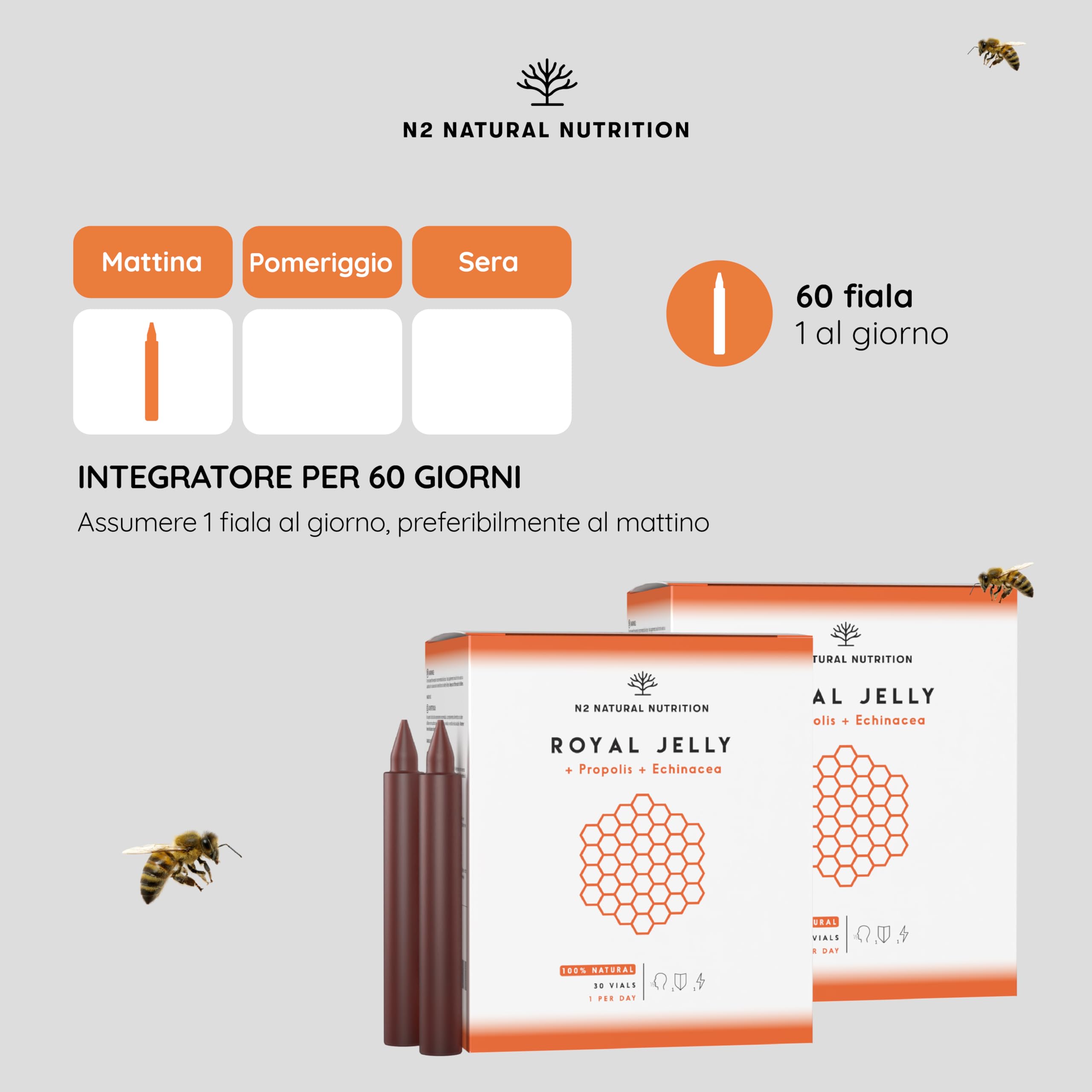 Pappa Reale con Propoli, Echinacea e Vitamina C (80 mg). 60 Flaconcini. Aumenta la Vitalità, Rafforza le Difese Immunitarie di Adulti e Bambini, Riduce i Sintomi di Fatica. CE. N2 Natural Nutrition