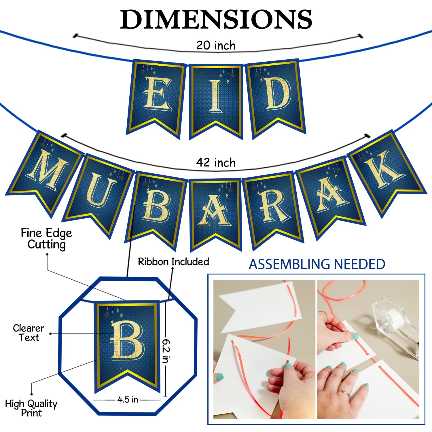 Bannière Eid Mubarak Bleu Pailleté + Guirlande Étoiles Lune – Décorations Ramadan Aïd Moubarak Kareem Maison Fête