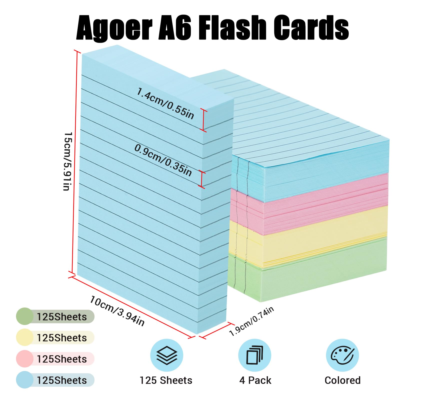 Agoer 500 Pcs Flash Cards, A6 (15x10cm) Lined Index Cards, 4 Colours Revision Cards for Study, Office, Working,School Learning, Durable Heavy Note Cards - Image 2