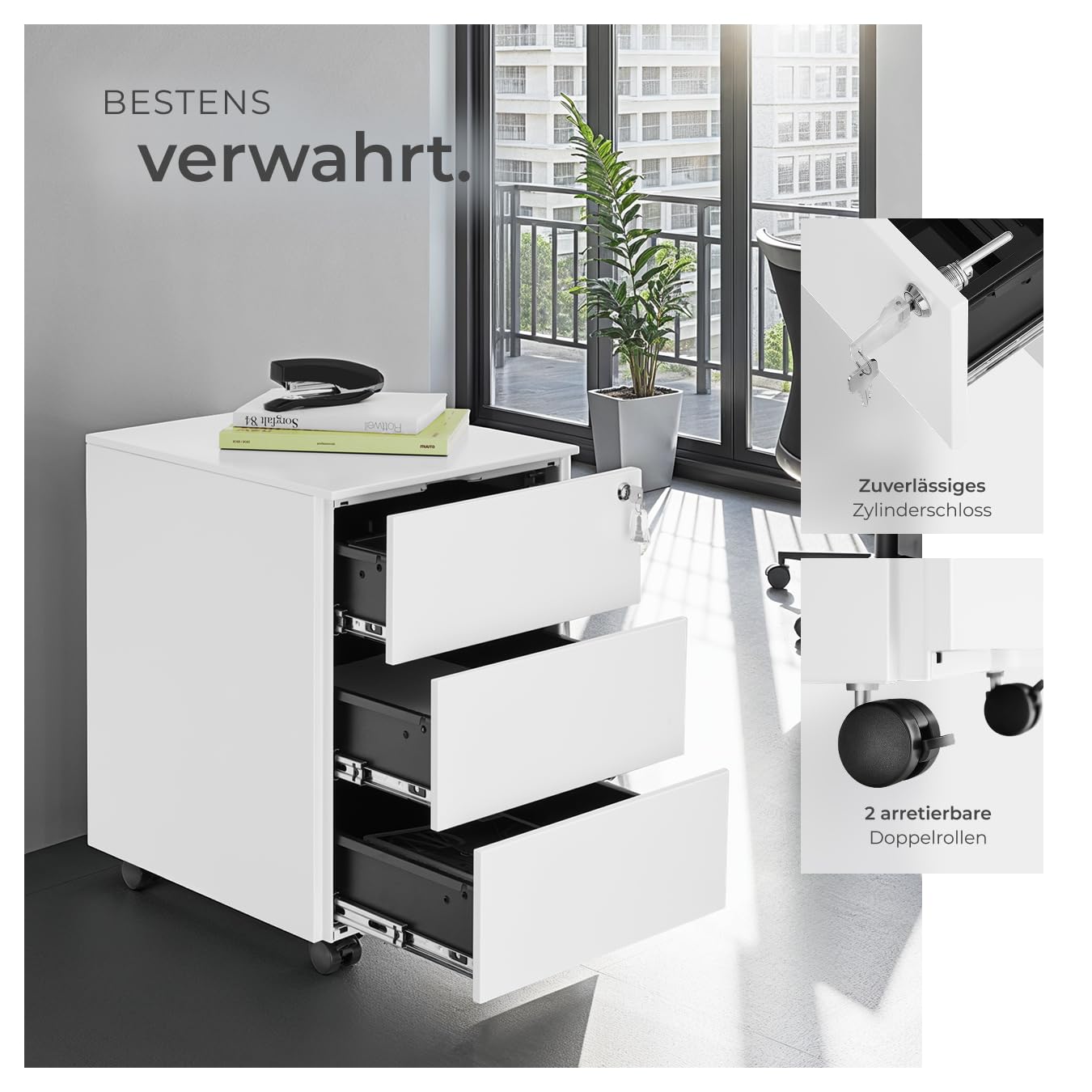 tectake® Büro Metall Aktenschrank mit Rollen, abschließbare Kommode mit Schubladen für Schreibtisch, Rollcontainer, Schubladenschrank, Organzier, Rollwagen Schrank abschließbar (weiß)