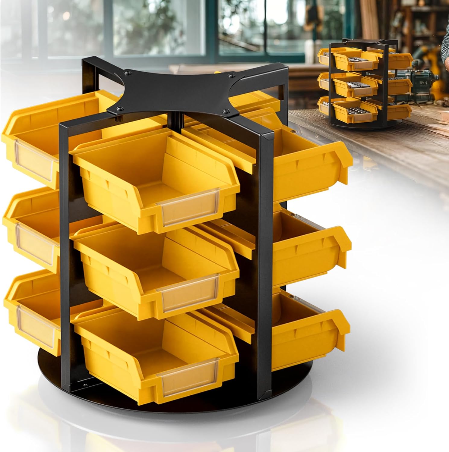 Rotating Storage Bins,360° Revolving Screw and Bolt Organizer,12 Bins Work Bench Organizers and Storage, Small Parts Storage Bins, Screw Sorter for Crafts, Workshop, Tool Shed, Garage & Home