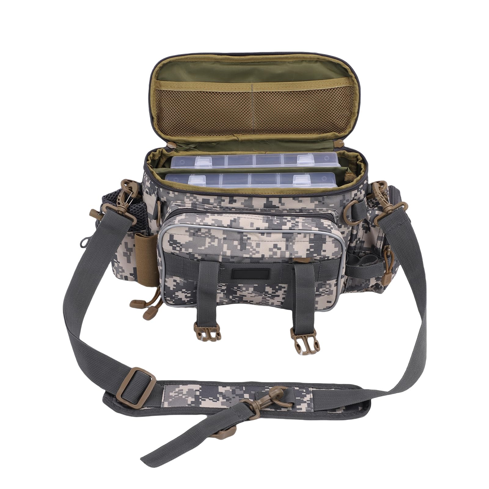 Angeltaschen, Umhängetasche aus Oxford-Stoff mit 23 Boxen, Zwei Tragemodi, Zange für Köder, Haken, Gewichte, Angeln (Camo-Set)