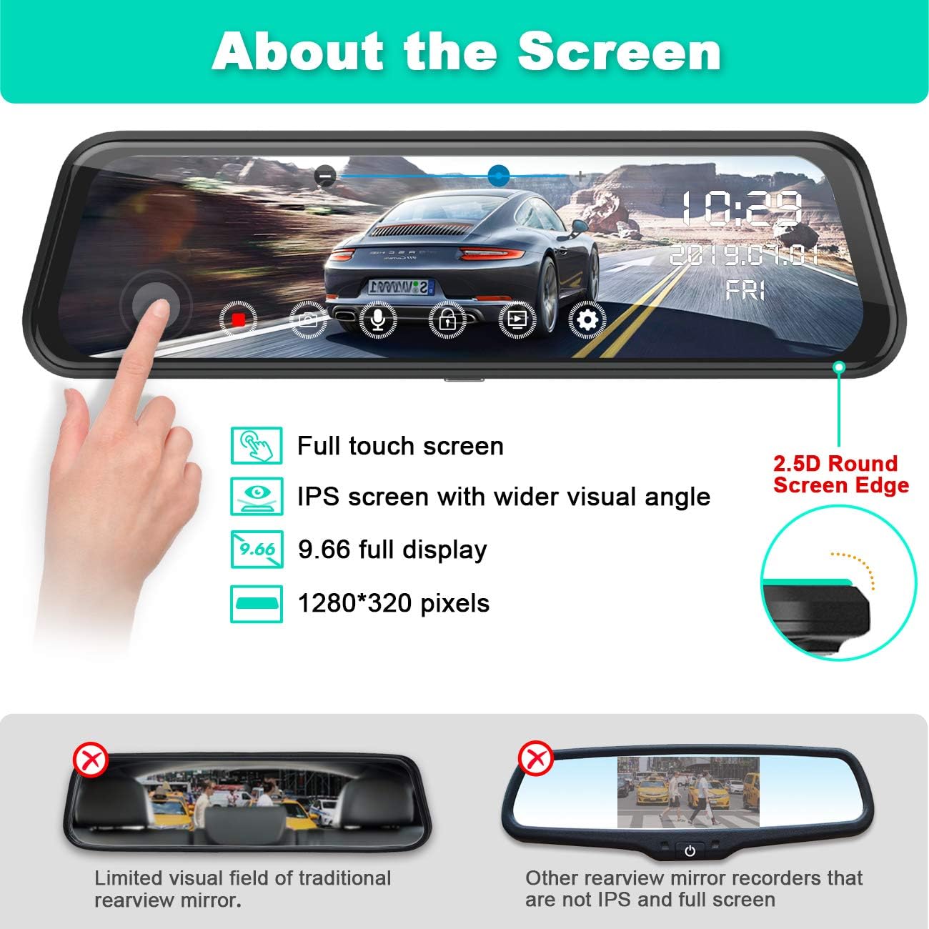 FHD Backup Camera and 1080p Front and Rear Dual Lens Mirror Dash Cam 2 in 1 for car,9.66 inch Full Touch IPS Screen G-Sensor Parking Monitor and Night Vision