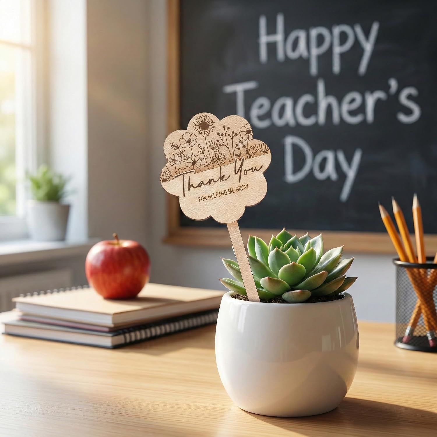 Set of 5 Gift Card Holder Plant Stakes – Teacher Appreciation Gifts, “Thank You for Helping Me Grow” Wooden Flower Pot Decor with Card Slot for Teachers, Mentors & Parents (Flower Style) image 4