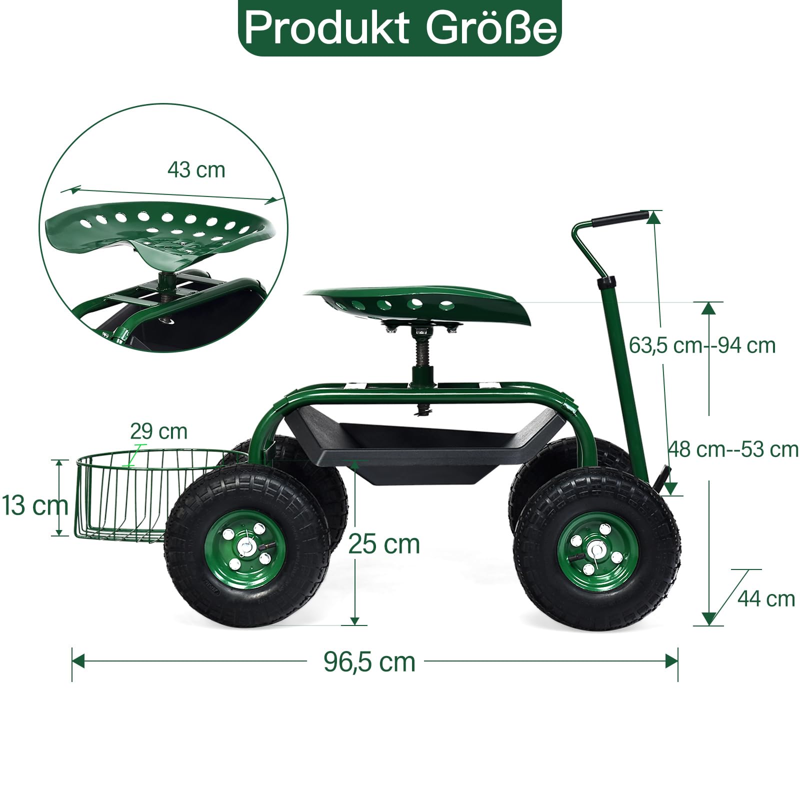GOPLUS Wózek ogrodowy, obracany o 360° siedzisko ogrodowe z wysuwanym uchwytem, taboret ogrodowy z półką i koszem, siedzisko z regulacją wysokości, obciążenie do 150 kg, siedzisko na kółkach do prac
