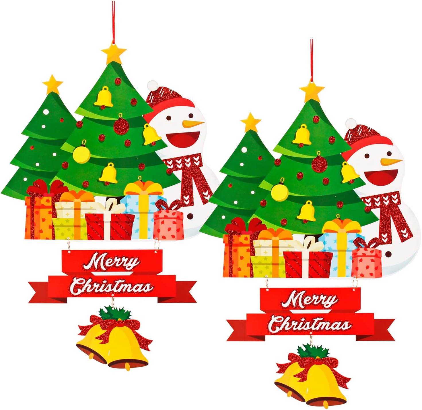 Onesen Merry Christmas Front Door Hanging Decorations, 2 PCS Snowman Tree Wall Hanging Decorations Door Hanging Sign Board Decor for Holiday Party Indoor Outdoor Fireplace Show Window Green