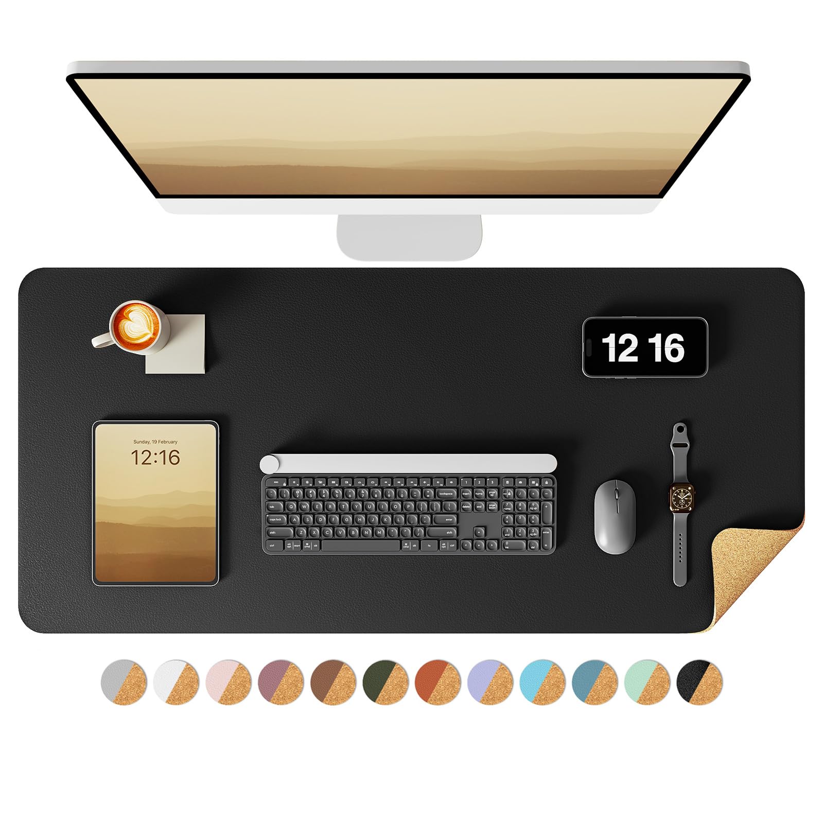 YSAGi Double-Sided Desk Pad, 31.5"x15.7"Leather Desk Mat, Eco Cork Desk Pad Protector,Large Mouse Pad,Waterproof Desk Blotter for Office/Home(Black)