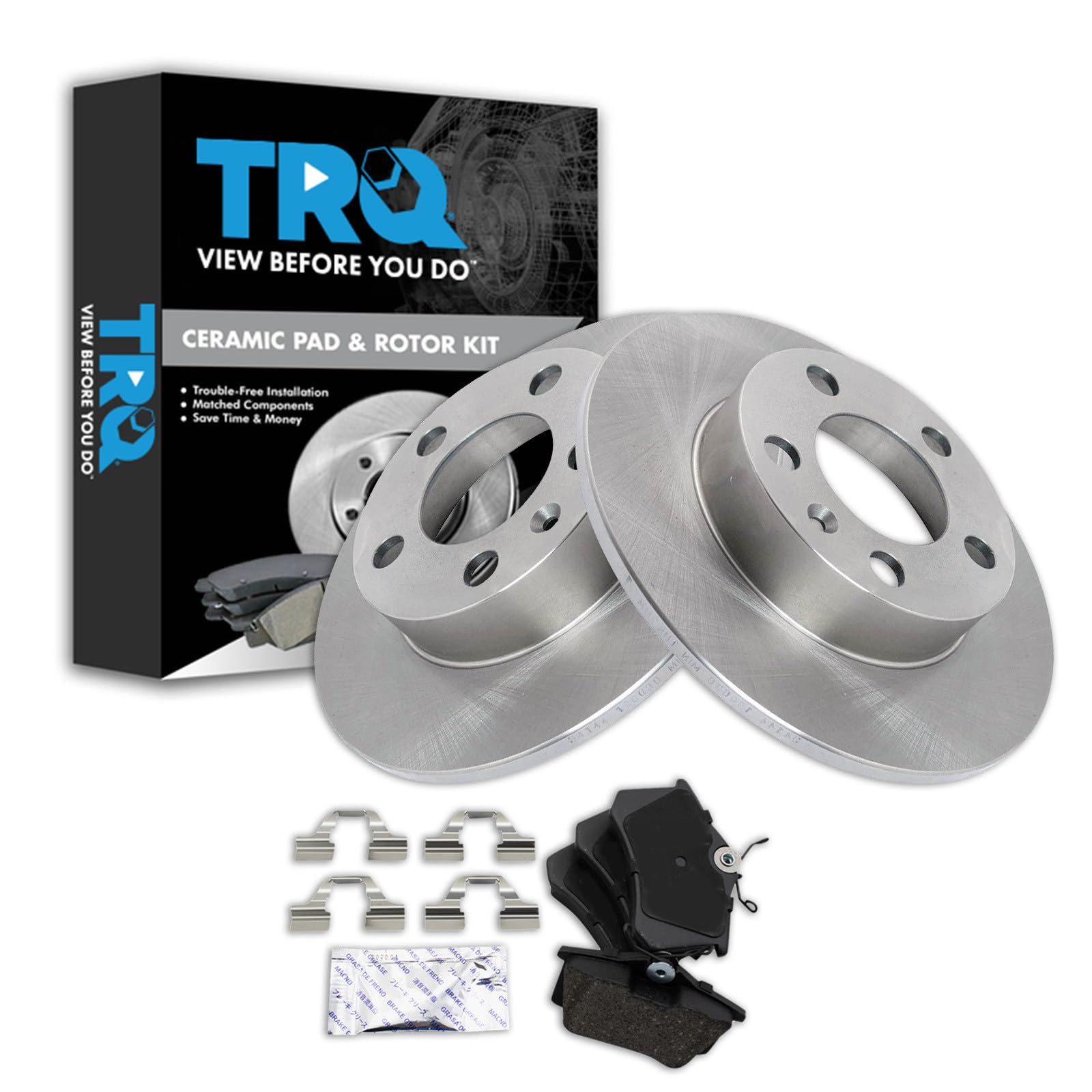 TRQ Rear Brake Pad and Rotor Set Ceramic Solid Rotors Compatible with 2000-2006 Audi TT 1999-2008 Volkswagen Beetle 1999-2006 Golf 1999-2005 Jetta