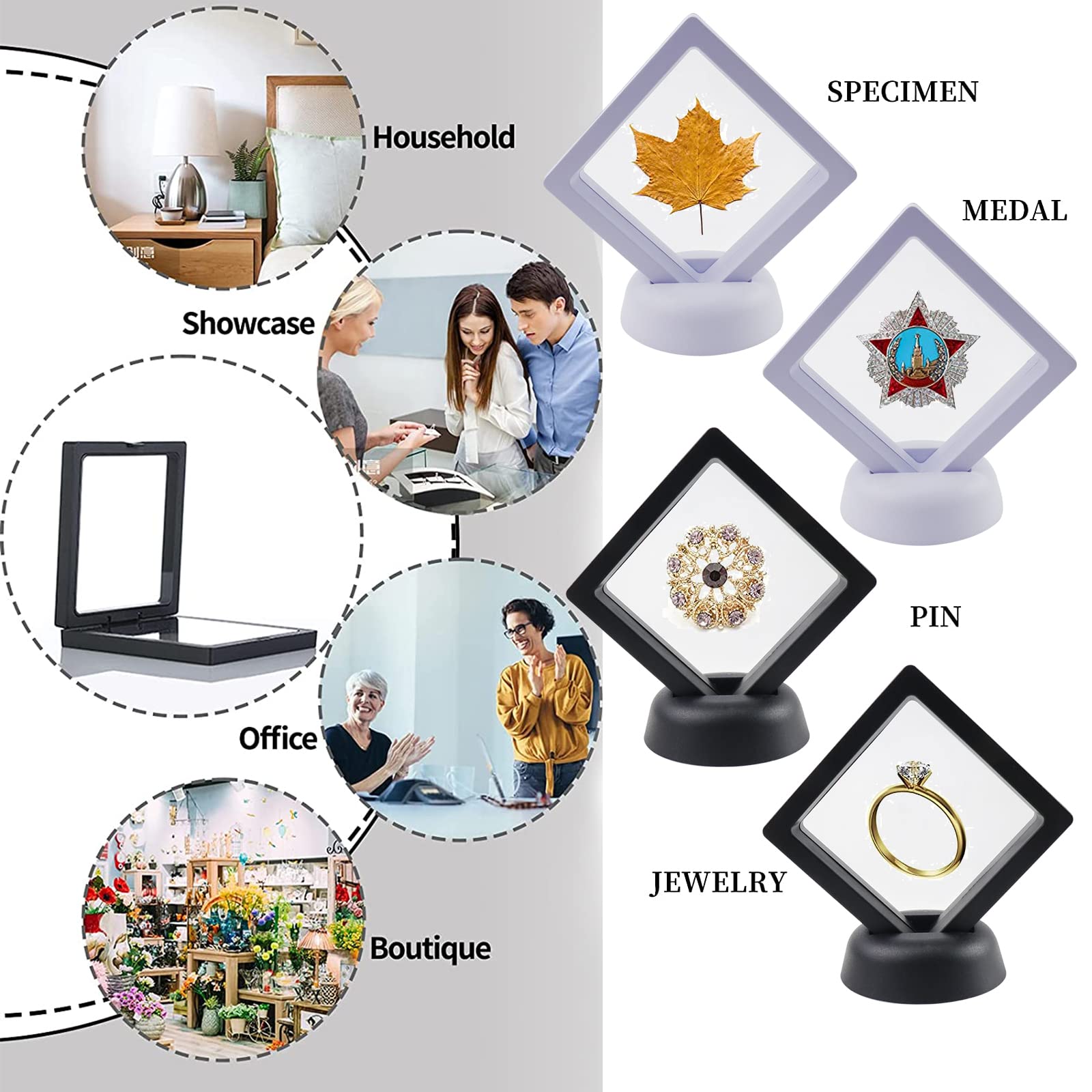 12 sztuk Floating Frame Display 3D, ramki na monety z podstawowym wyświetlaczem na biżuterię, kolczyki, pierścionki, medaliony, kamienie (czarny, biały)