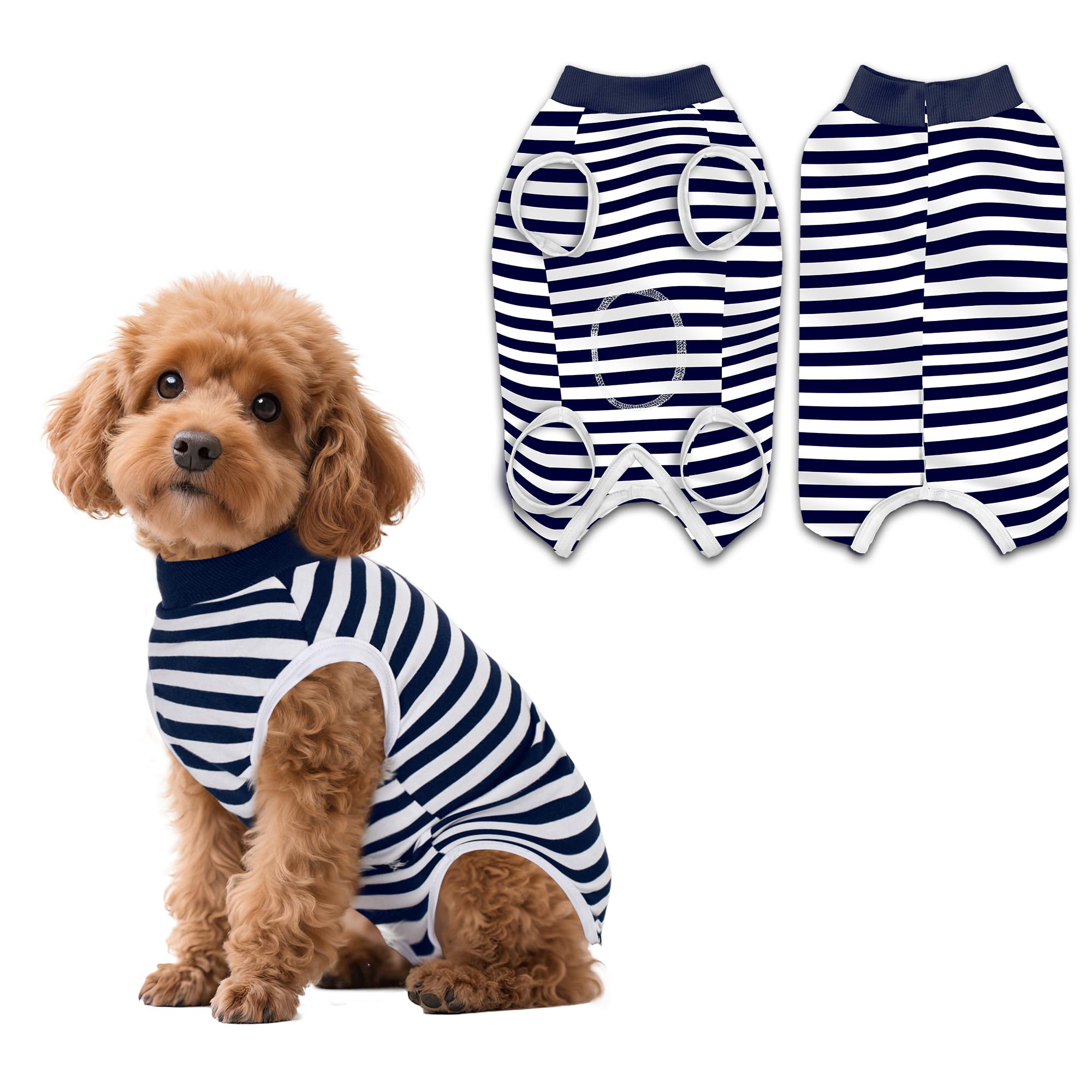 PawSailor Striped Dog Surgery Suit Female Male Dog Recovery Body Suit After Surgery, Soft Cotton Surgical Recovery Vest Pet Medical Shirt Button Closure, Wound Protection, Easy to Wear, Dark Navy M โ image 1