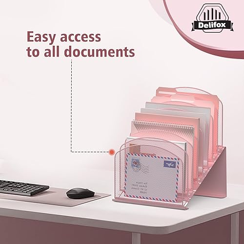 Vista 56 de Organizador de archivos de escritorio inclinado, soporte vertical de 5 secciones, soporte de metal clasificador de archivos para oficina y aula