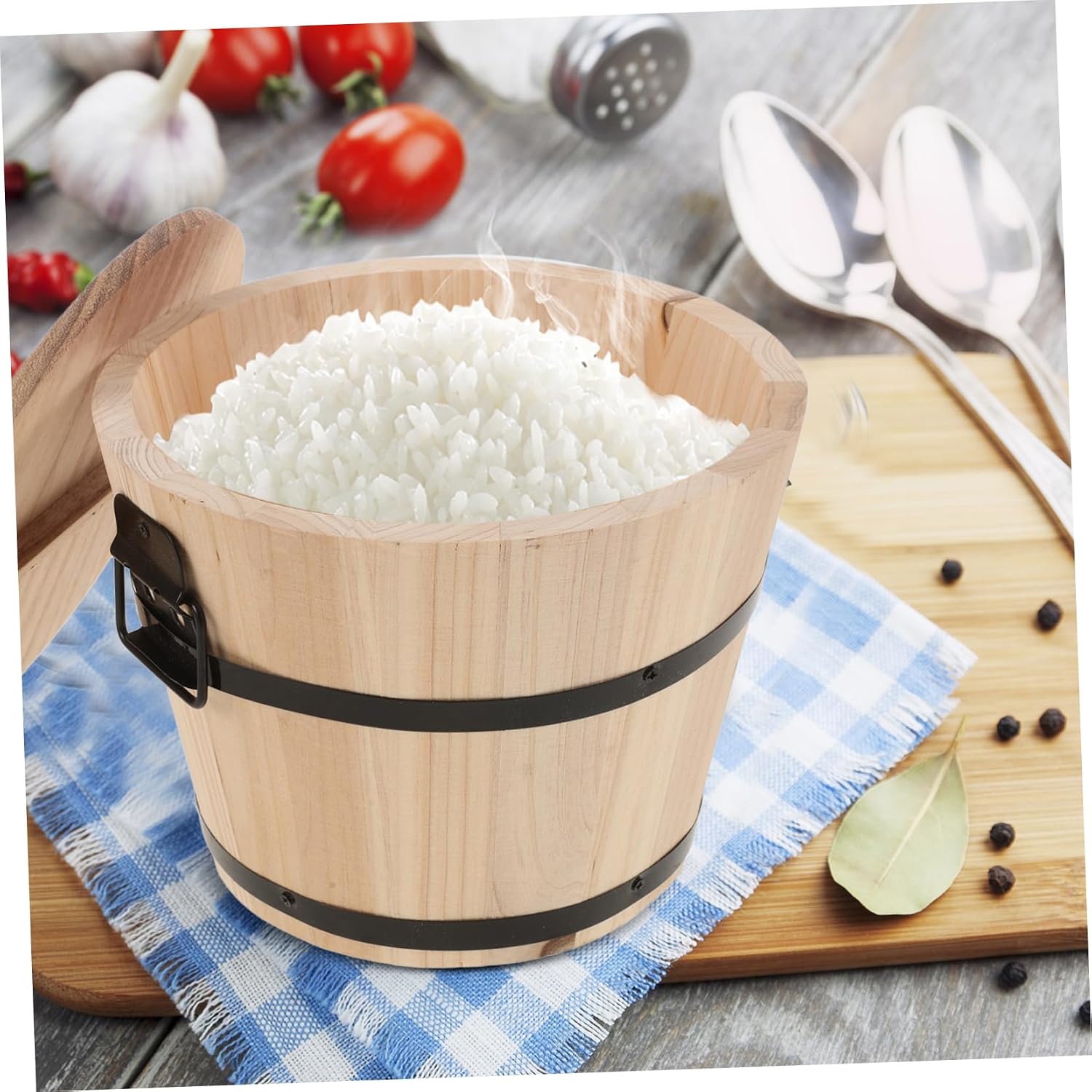 Steamed Rice Bucket with Lid and Handle Wooden Sushi Storage Bucket for Serving Rice Tofu and Sushi Chinese Food Container for Home Restaurant Hotel and Party Use