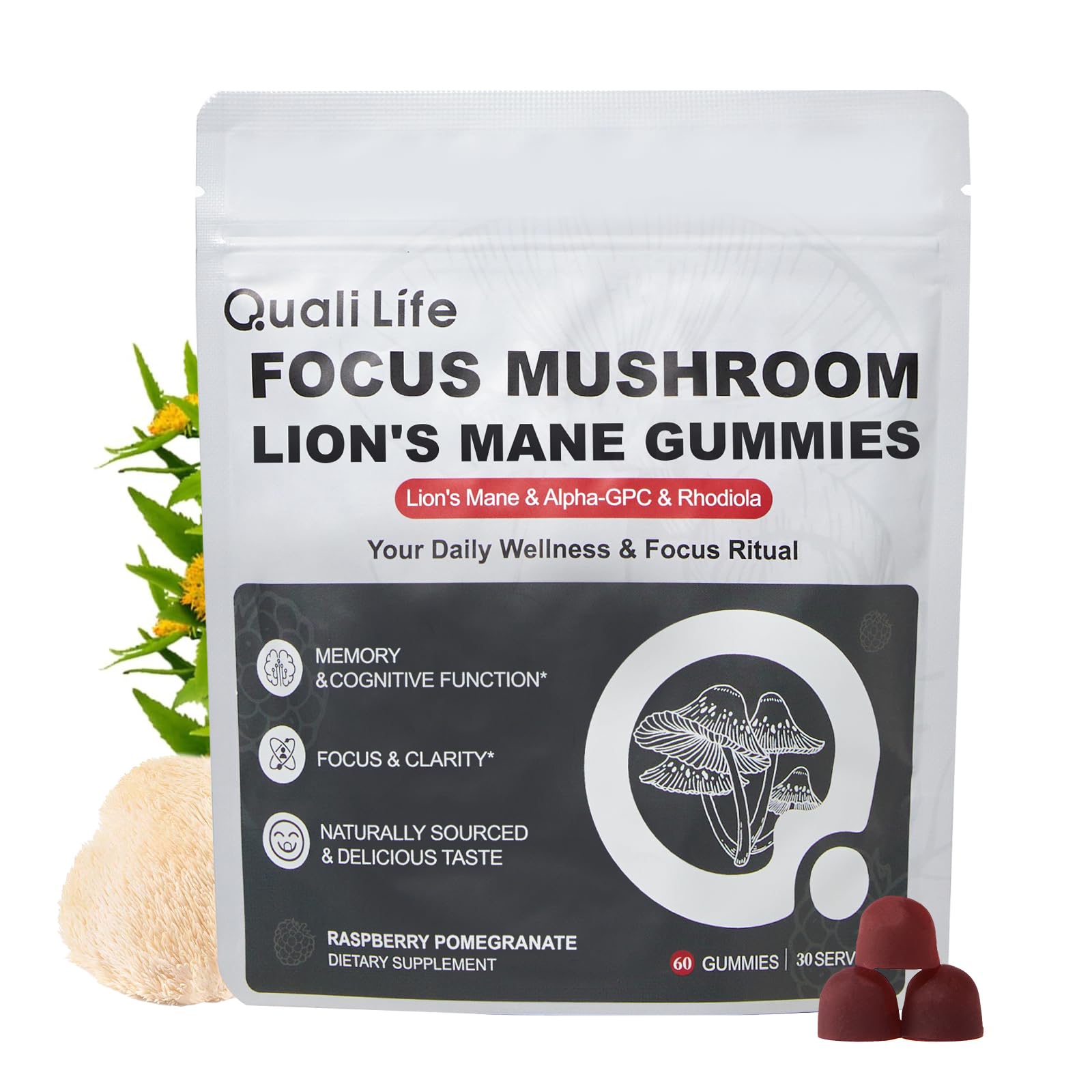 QualiLife Suplemento de cogumelos para foco, juba-de-leão 250 mg + blend Auri Focus 120 mg, 60 gomas