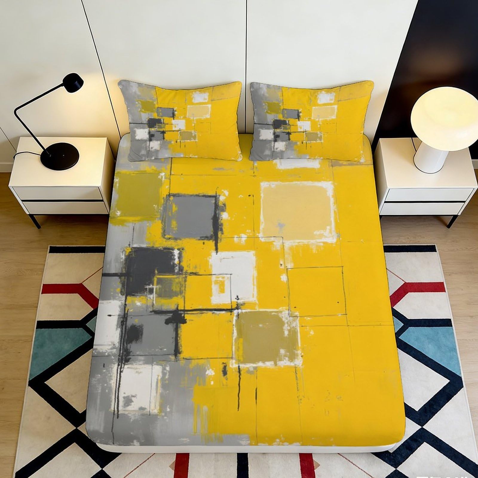 3D Printed Abstract Yellow Geometric Fitted Sheet Microfiber Soft Breathable Modern Square Pattern Mattress Cover Bedroom Decor 180x200x25cm