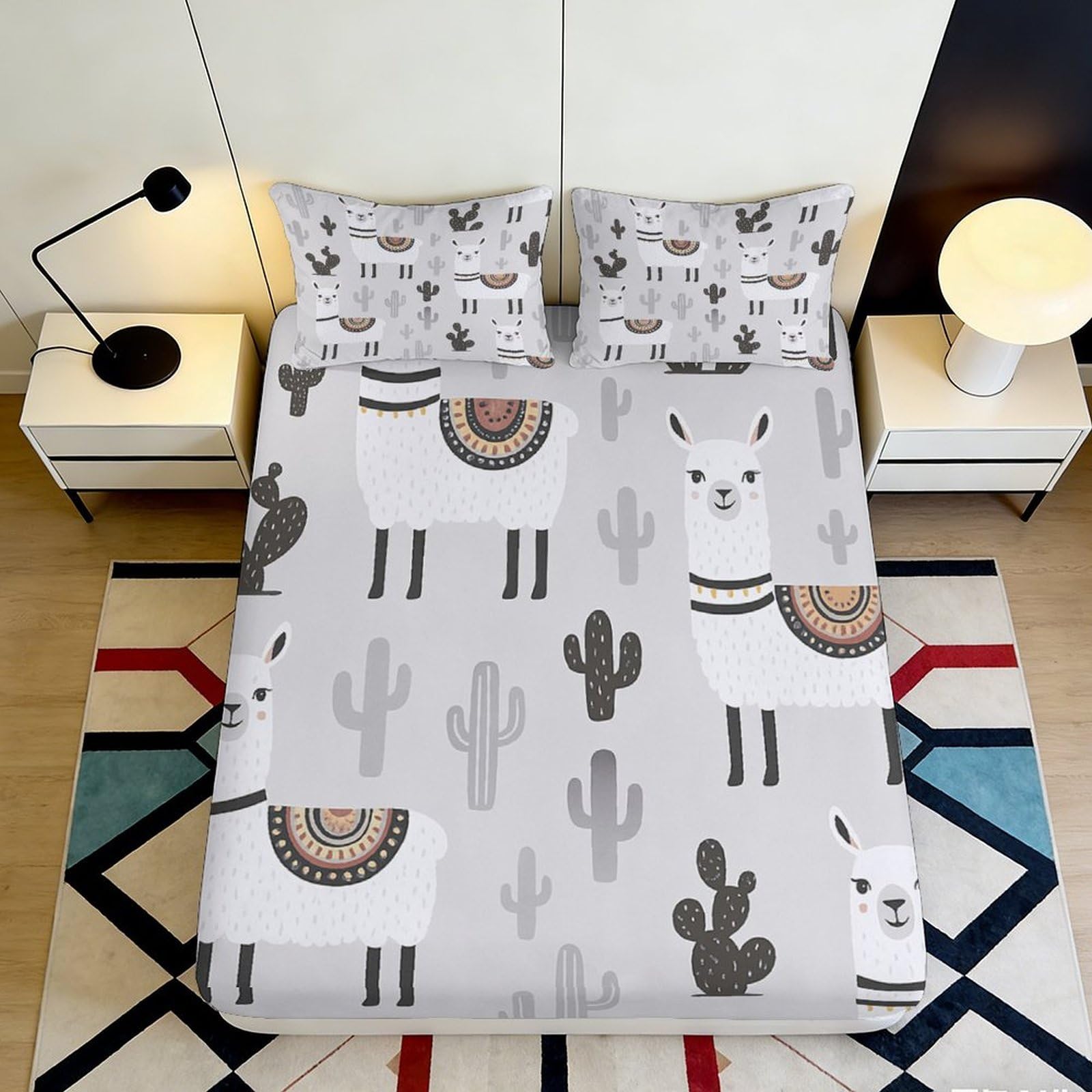3D Printed Llama Cactus Fitted Sheet Microfiber Soft Grey Cartoon Mattress Cover for Bedroom Guest Room Decor 180x200x25cm