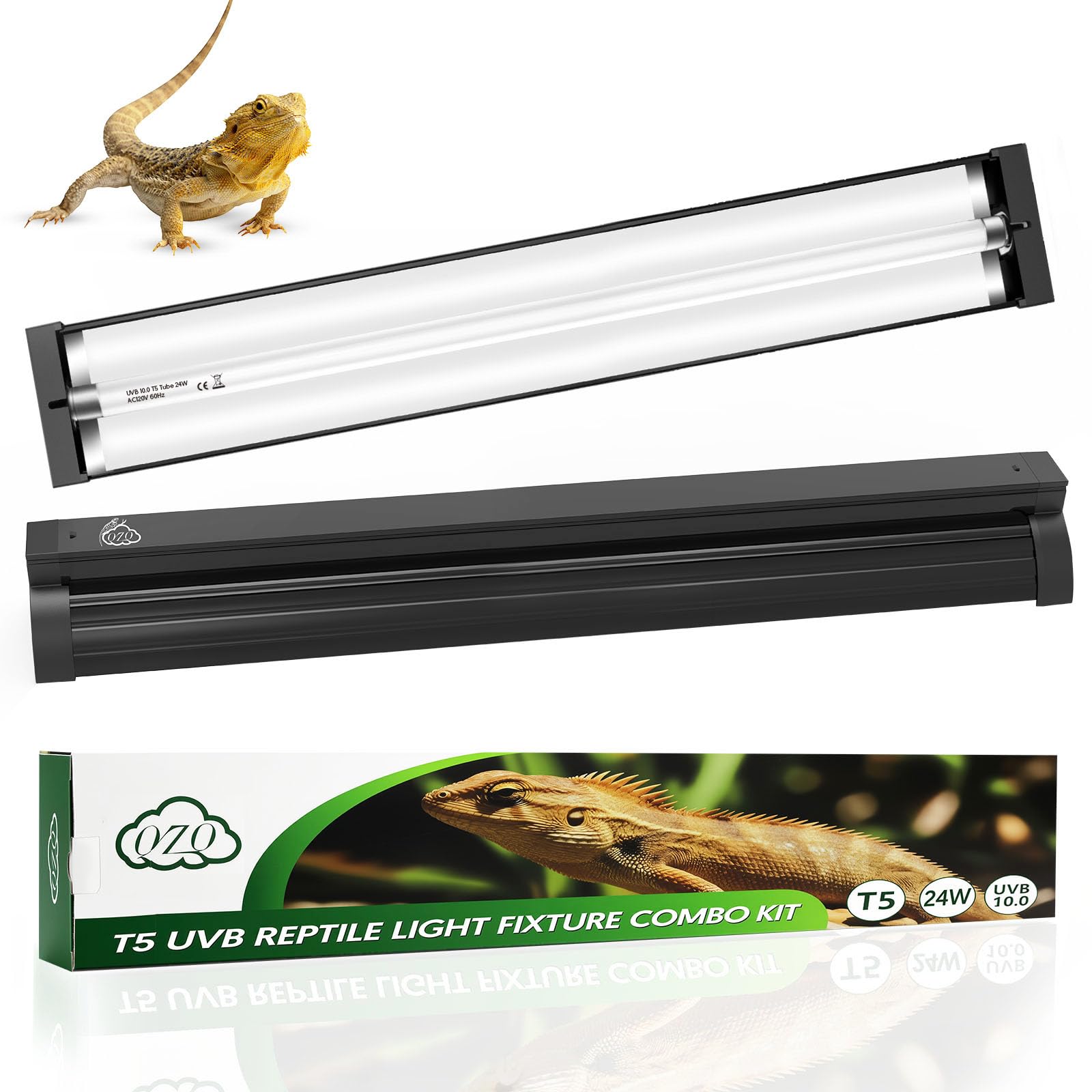 QZQ T5 UVB Reptile Light Fixture Combo Kit 24W, 10.0 UVB Light for Reptiles, Terrarium Hood Comes with Desert Reptile Lamp for Bearded Dragon, Gecko, Tortoise, Lizard