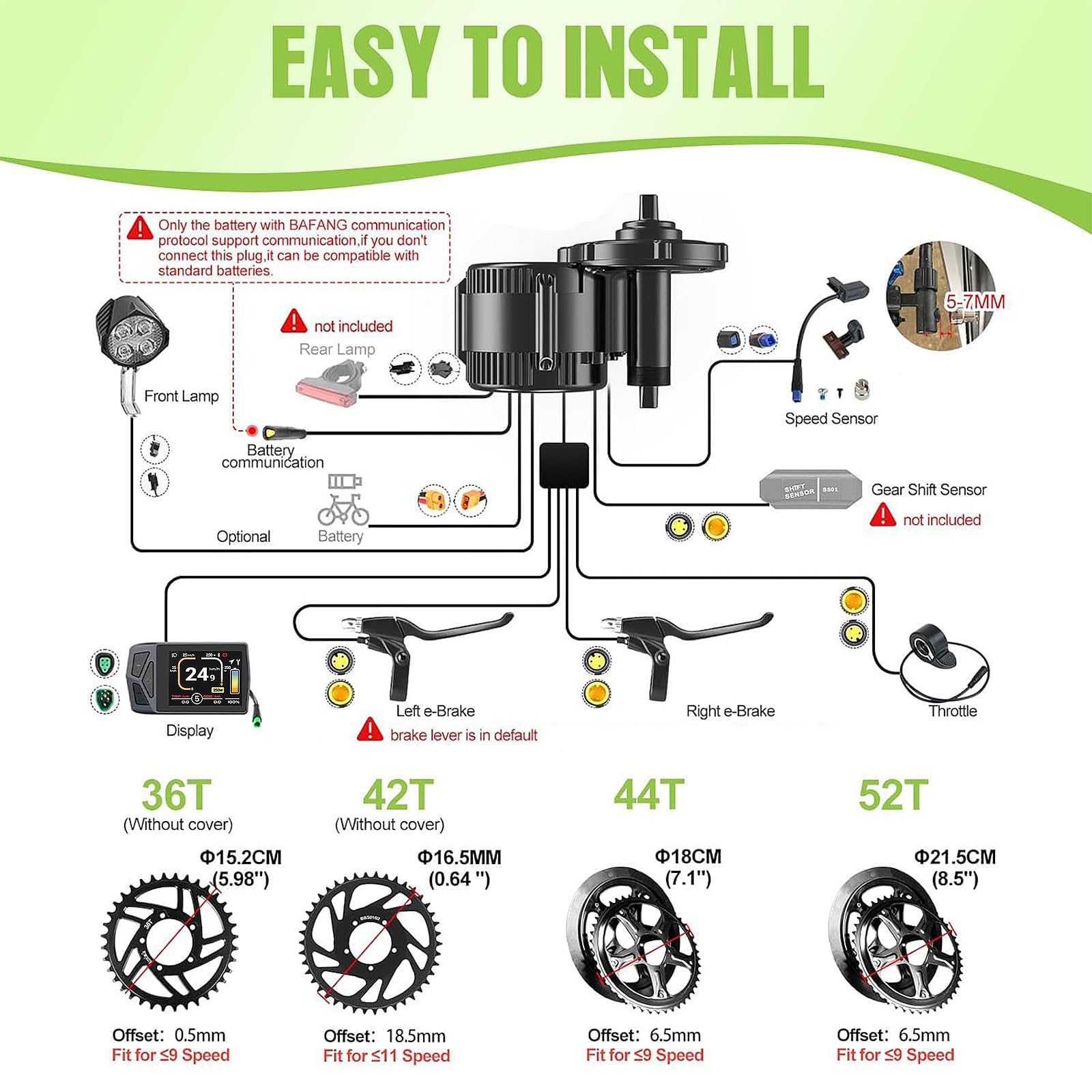 BAFANG Motor Central 48V-75O BBS02B – Kit de conversión con batería (Opcional) y Pantalla LCD para Eje pedalier 68-73/90-100 mm, Kit Bicicleta eléctrica 8fun BBS02 G340, protocolo Can
