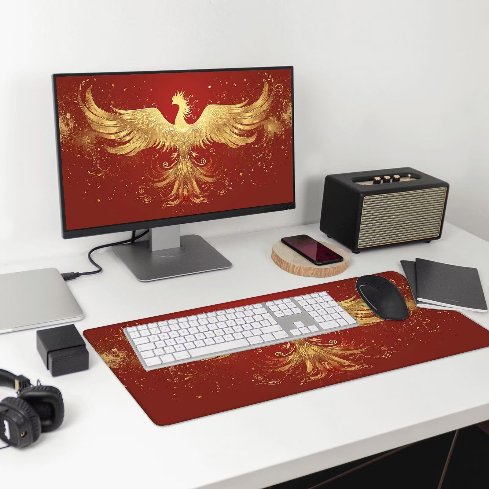 Alfombrilla Ratón Gaming, 1500x600x4 mm Alfombrilla Ratón XXL Fénix de Fuego, Impermeable Alfombrilla Escritorio con Tela de Micro Tejido Superior, Base Antideslizante, Mousepad para Juego (Rojo) U-0