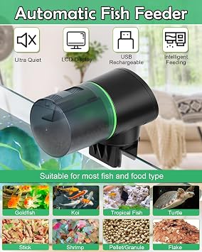 Automatic Fish Feeder for Aquariums - Rechargeable Auto Fish Food Dispenser Timer Feeder with USB Charger Cable,LCD Screen, Customized Schedule