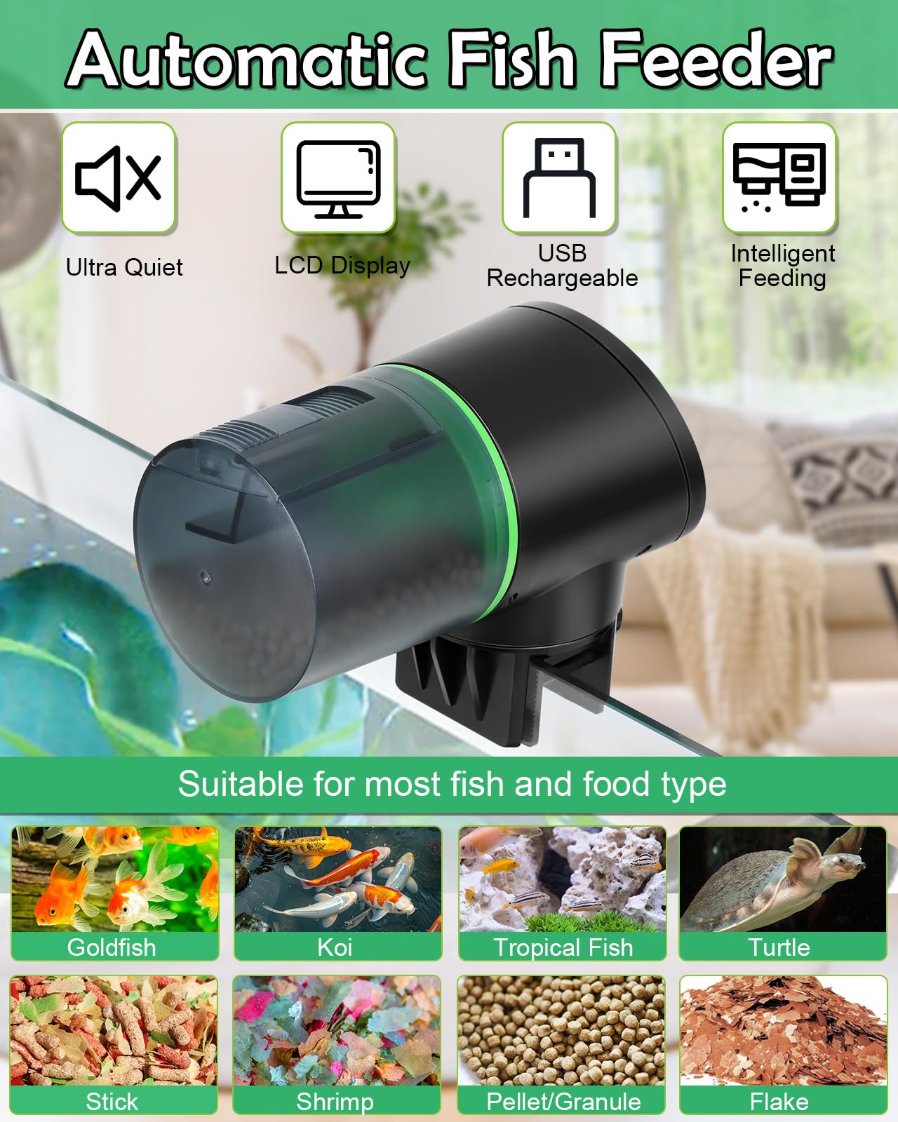 Petbank Mangiatoia Automatica Acquario - Timer Ricaricabile con Cavo di USB Charger, Mangiatoia Pesci con Display LCD, Dispenser Cibo Pesci Automatico,Verde