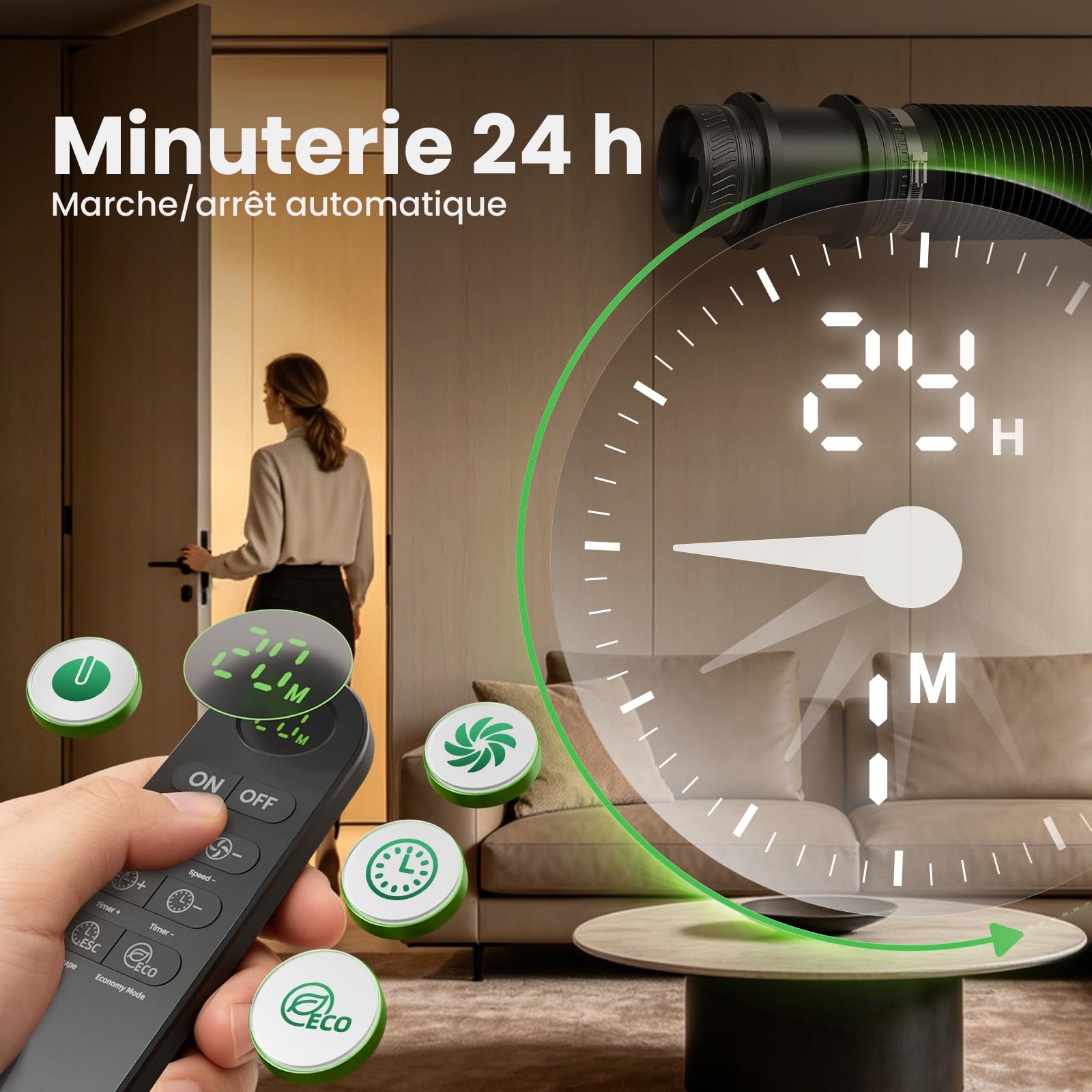MOCINE Ventilateur de Conduit 100 mm avec Base de Montage, 8 Vitesses, Fonction Minuterie avec Télécommande à Écran, 310 m³/h, 5000 tr/min, Noir, Extracteur d’Air pour Garage, Salle de Bain et Serre
