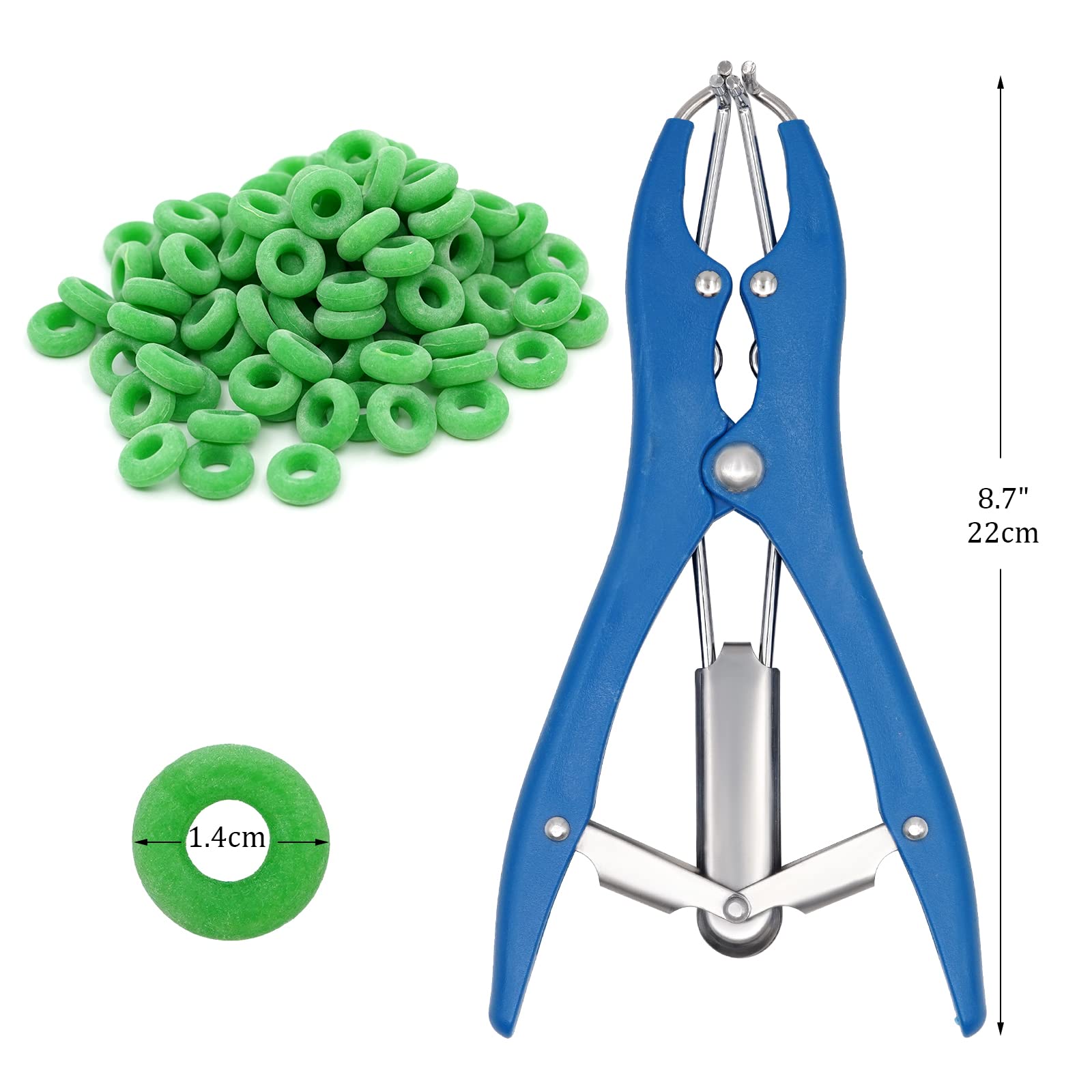 Pinza per Castrazione di Maiale Blu Offset per Pecora Bovini Pecore per Suini Attrezzatura per l'allevamento (1 Pinza e 100 Anelli)
