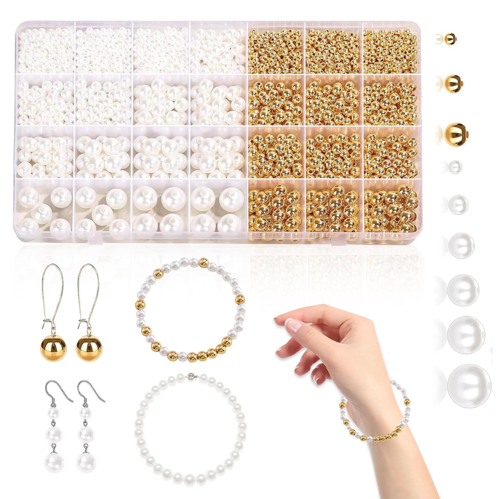 RTSHUK Pearls Beads, 1900 Pcs White and Gold Charm Bracelet Making Kit Jewelry Adult DIY Loose Beads for Crafting Bracelet Necklace Earrings