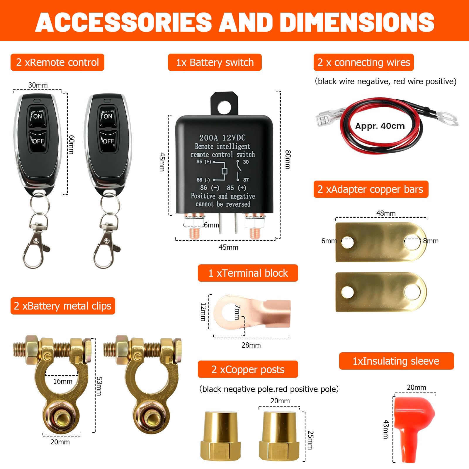 Interruttore di batteria da 12 V con telecomando, interruttore di batteria 12 V 200 A con 2 pali in ottone, 2 terminali di batteria, 2 telecomandi per moto, auto, roulotte abitacola, barca, yacht