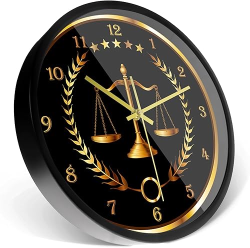 Miniatura 4 de Scale of Justice - Reloj redondo con marco de metal, funciona con pilas, de cuarzo, sin tictac, marco de aluminio negro, reloj de pared para