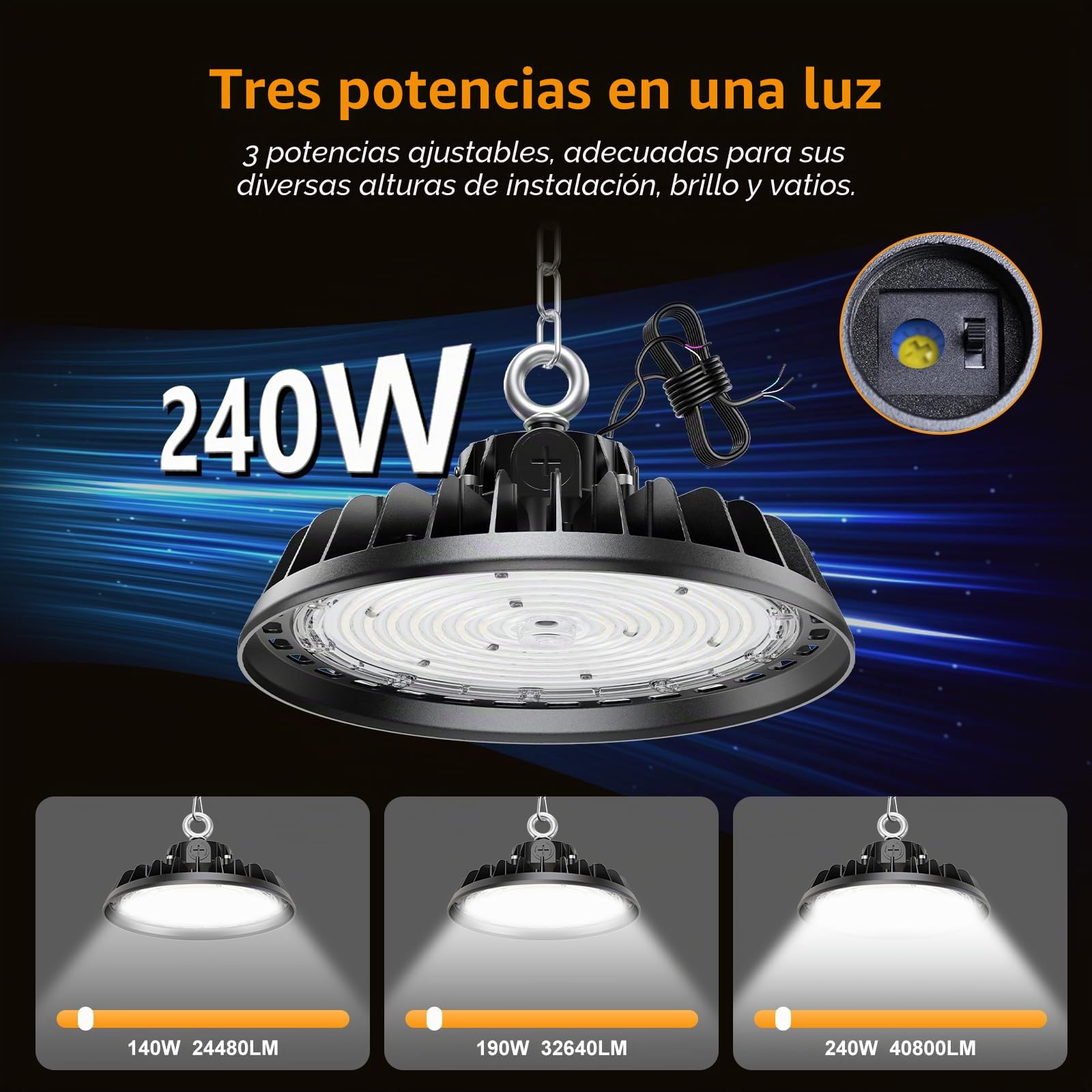 UFO 240W LED Lámpara de Alta Bahía 40800LM Campana led 4000K Industrial Regulación 140W/190W/240W IP65 Antipolvo e Impermeable Foco LED 120° Driver Industrial Para Fábricas,Talleres,Garajes