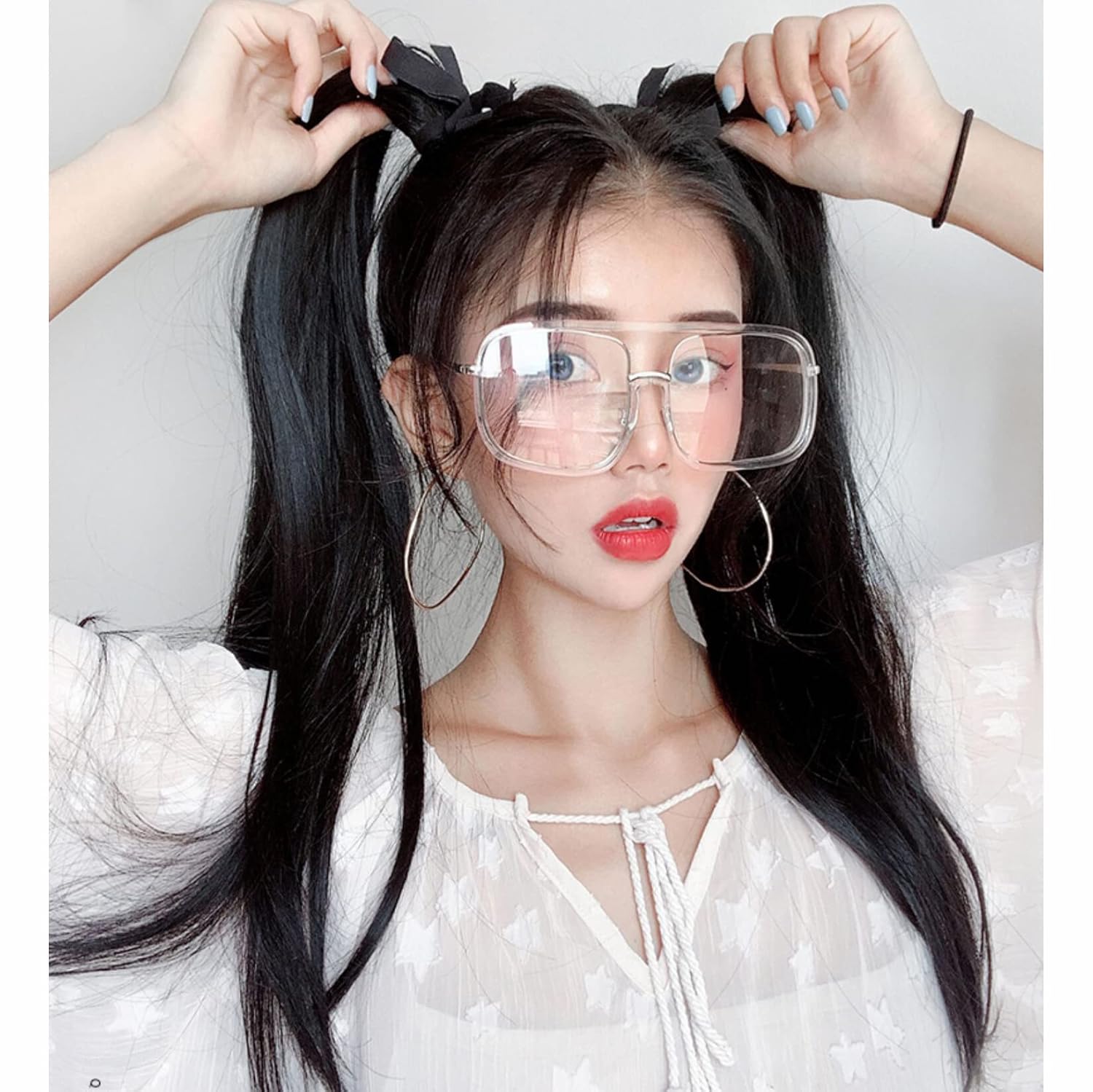 2pcs Ponytail Wig Tie up-Long Straight Hair Extension Cosplay Twin-tail Cute Pony Tail Pig Tails Hairstyle 26" Light Brown