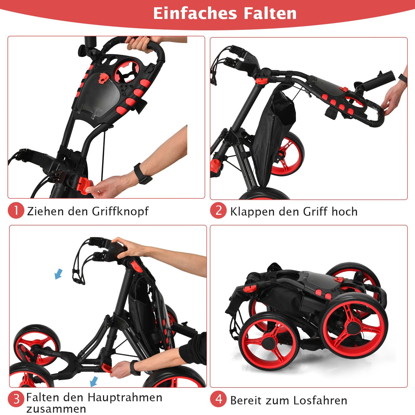 COSTWAY Golf Trolley, 4 Rad Golftrolley, Golfwagen klappbar, Golfcaddy aus Aluminum, Golfcaddy mit Schirmhalter, T-Stückhalterung und Aufbewahrungstasche