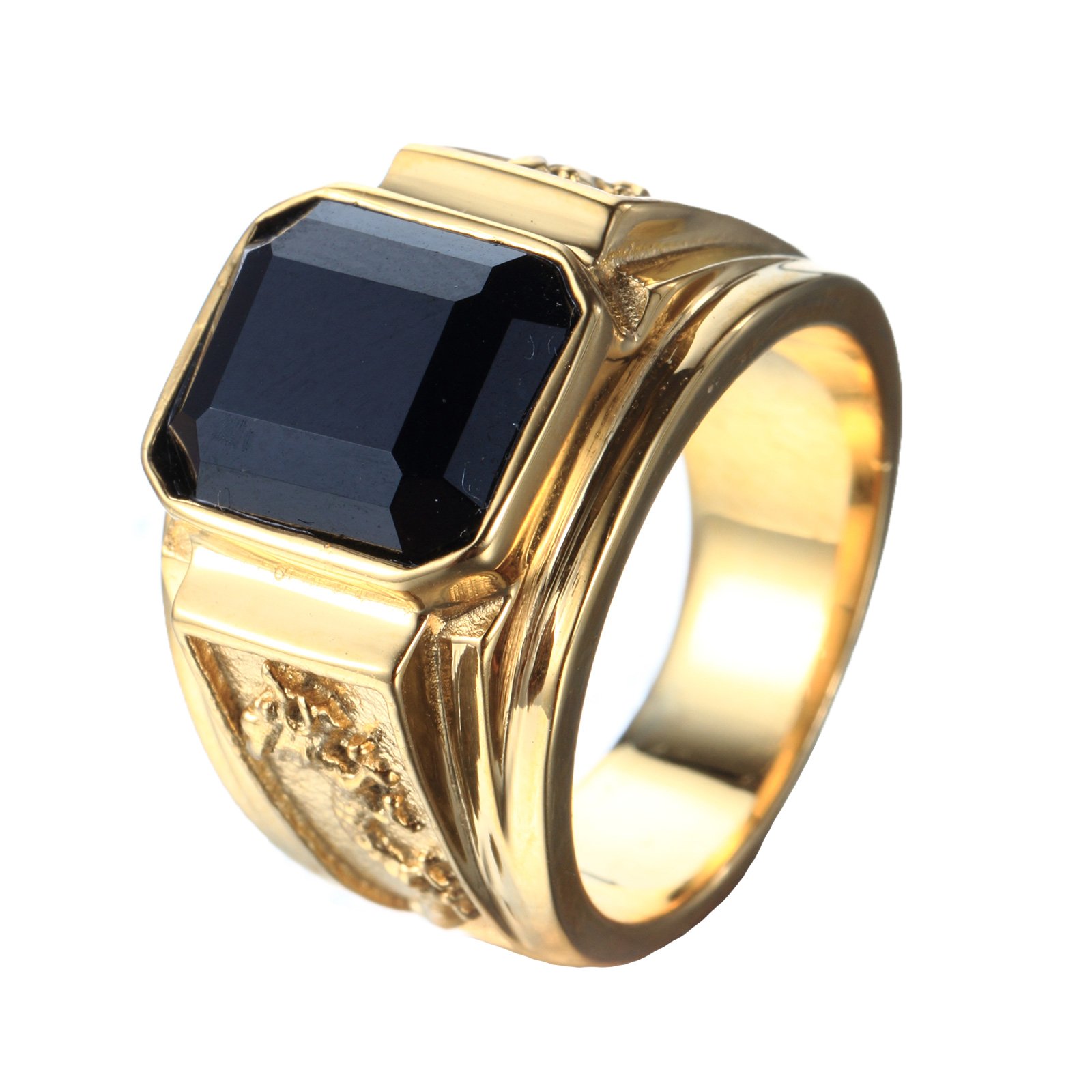 Men's Stainless Steel Black Agate Stone 18K Gold Promise Ring Wedding Band