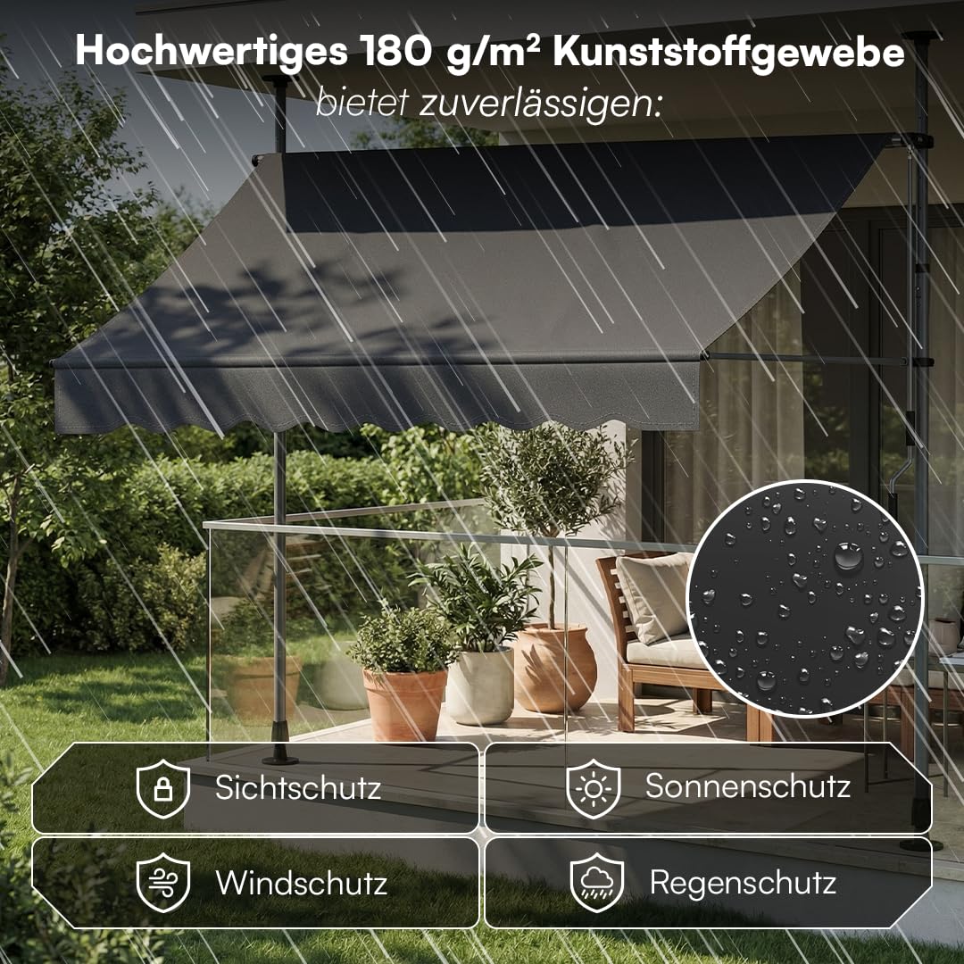 STEELSØN Dioran Klemmmarkise 300 cm breit – Markise Balkon ohne Bohren – Sonnenschutz UV50+ – Balkonmarkise zum Klemmen – Terrassenüberdachung wetterfest – Gartenmarkise höhenverstellbar in Anthrazit