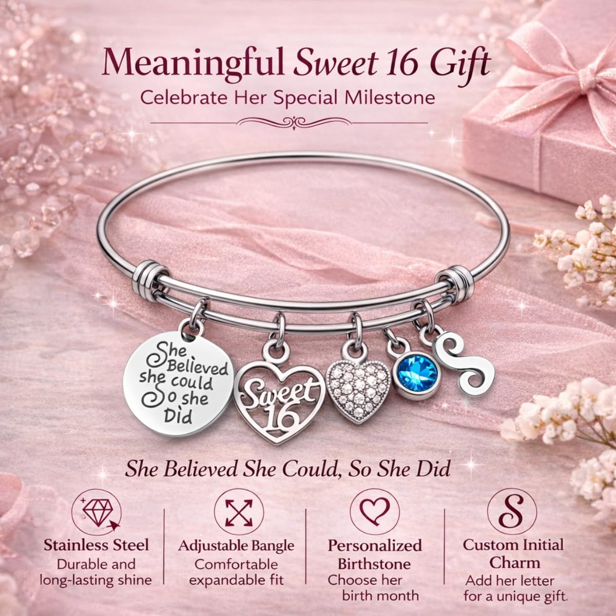 Infinity Collection Personalized Sweet 16 Bracelet for Girls, She Believed She Could So She Did Charm Bracelet with Birthstone & Initial, Sweet Sixteen Birthday Gift Jewelry
