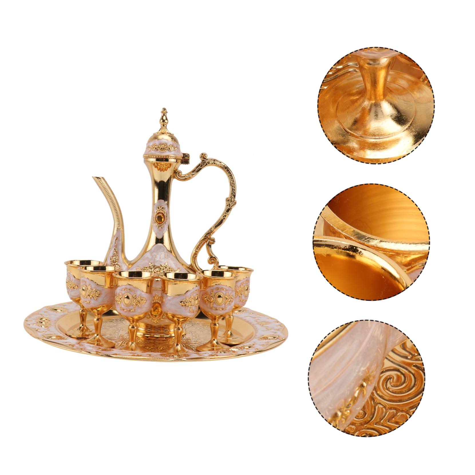 Mikinona Juego de Vino Decorativo para Bodas y Fiestas, 1 Set con Bandeja, Metal Dorado, Acabado Suave y Grabado a Mano, Adorno de Mesa