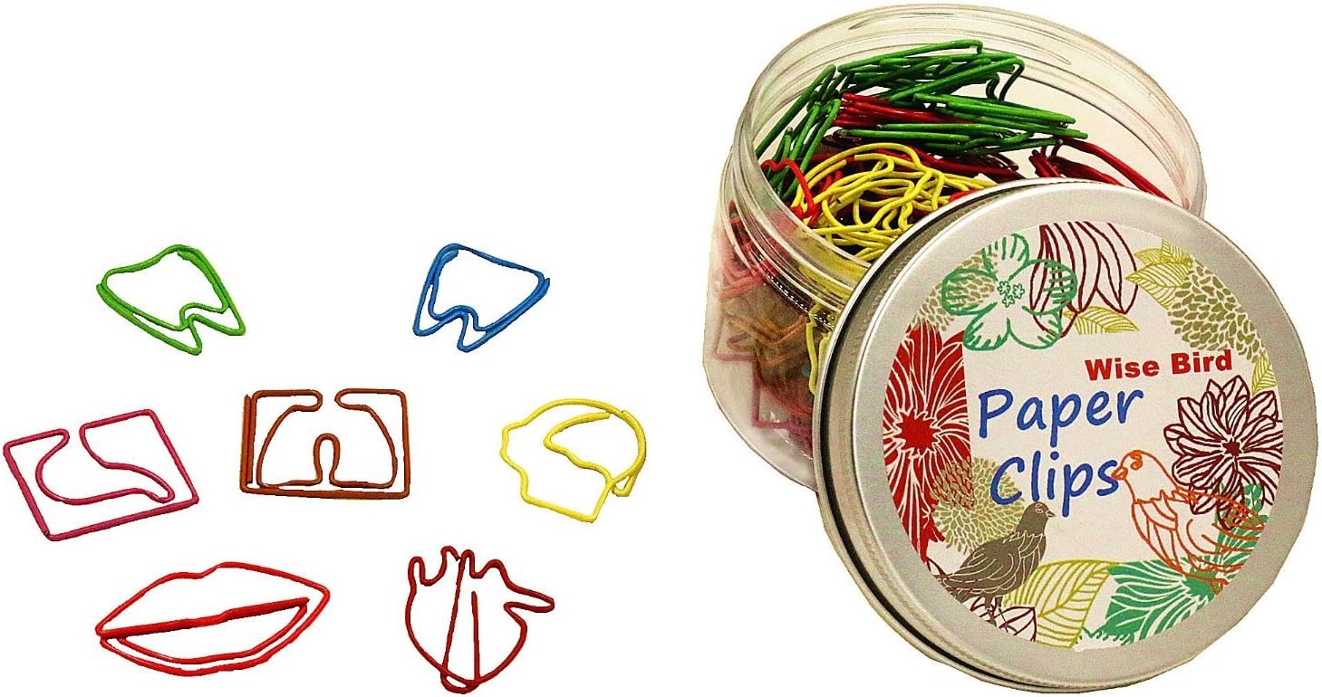 Wise Bird Assorted Color Cute Fun Fashion Creative Shaped Metal Paper Clips, Kids Art Crafted Project Bookmark Document Holder Office School Notepad Stationery Paper Clip 140 Pcs/tin -Body Symbol-c05