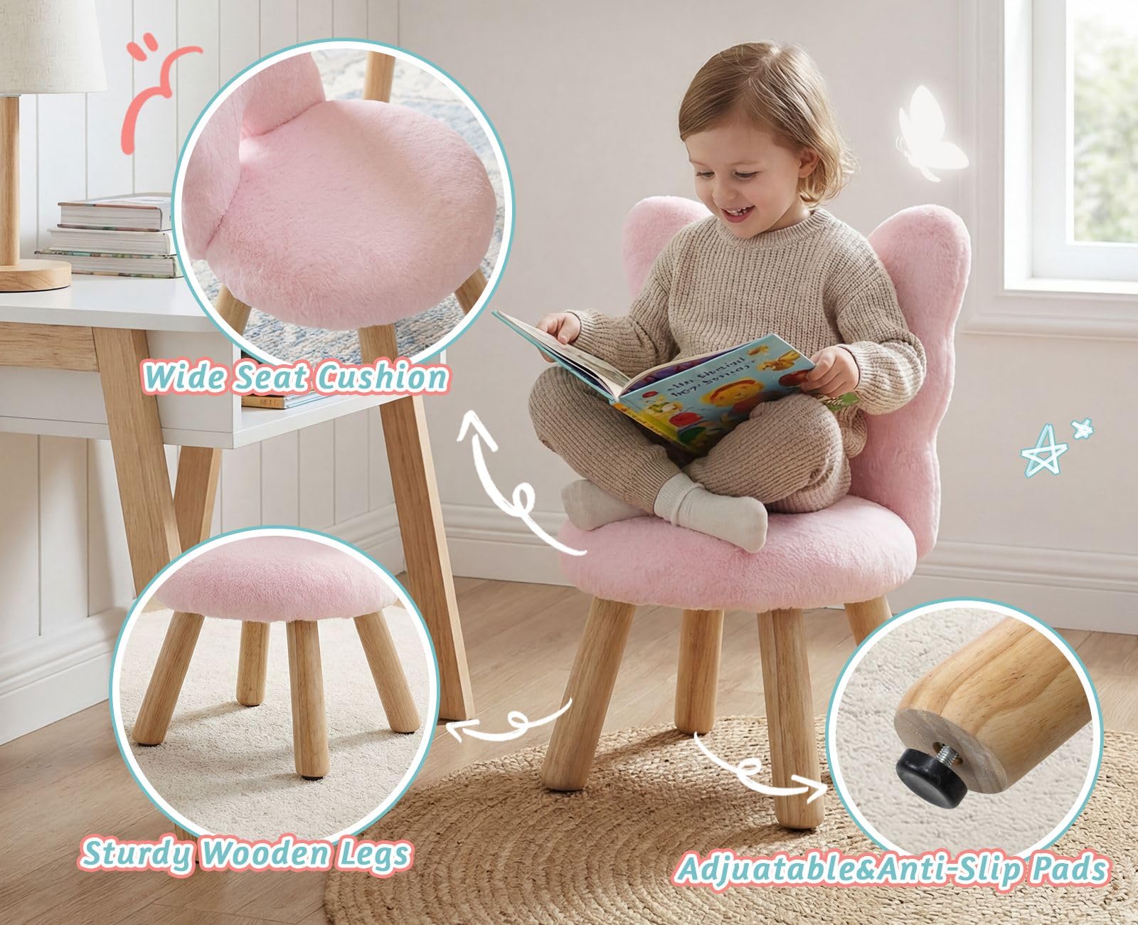chairus Poltroncina per Bambini con Schienale a Forma di Farfalla Poltrone per Camerette in Pelliccia Sintetica Divanetto Bambini in Legno per Soggiorno/Camerette/Regalo, Rosa