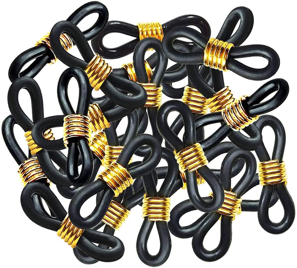 KASTWAVEEyeglass Chain Ends 40 Pieces, Adjustable Rubber Spectacle End Connectors for Eye Glasses Holder Necklace Chain Holder Loop Anti-Slip Rubber Connectors Eyeglass (Black and Gold)