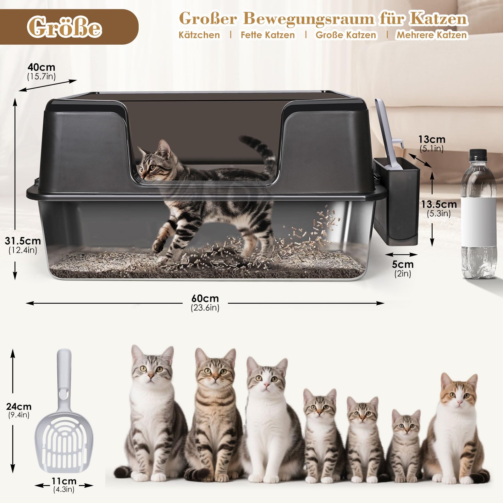 Katzentoilette Edelstahl XXL, 60 L x 40 W x 31,5 H cm | Geruchsresistent Katzenklo Groß mit Hoch Rand, Auslaufsichere & Nicht klebrig XXL Katzenklo für Große Katzen