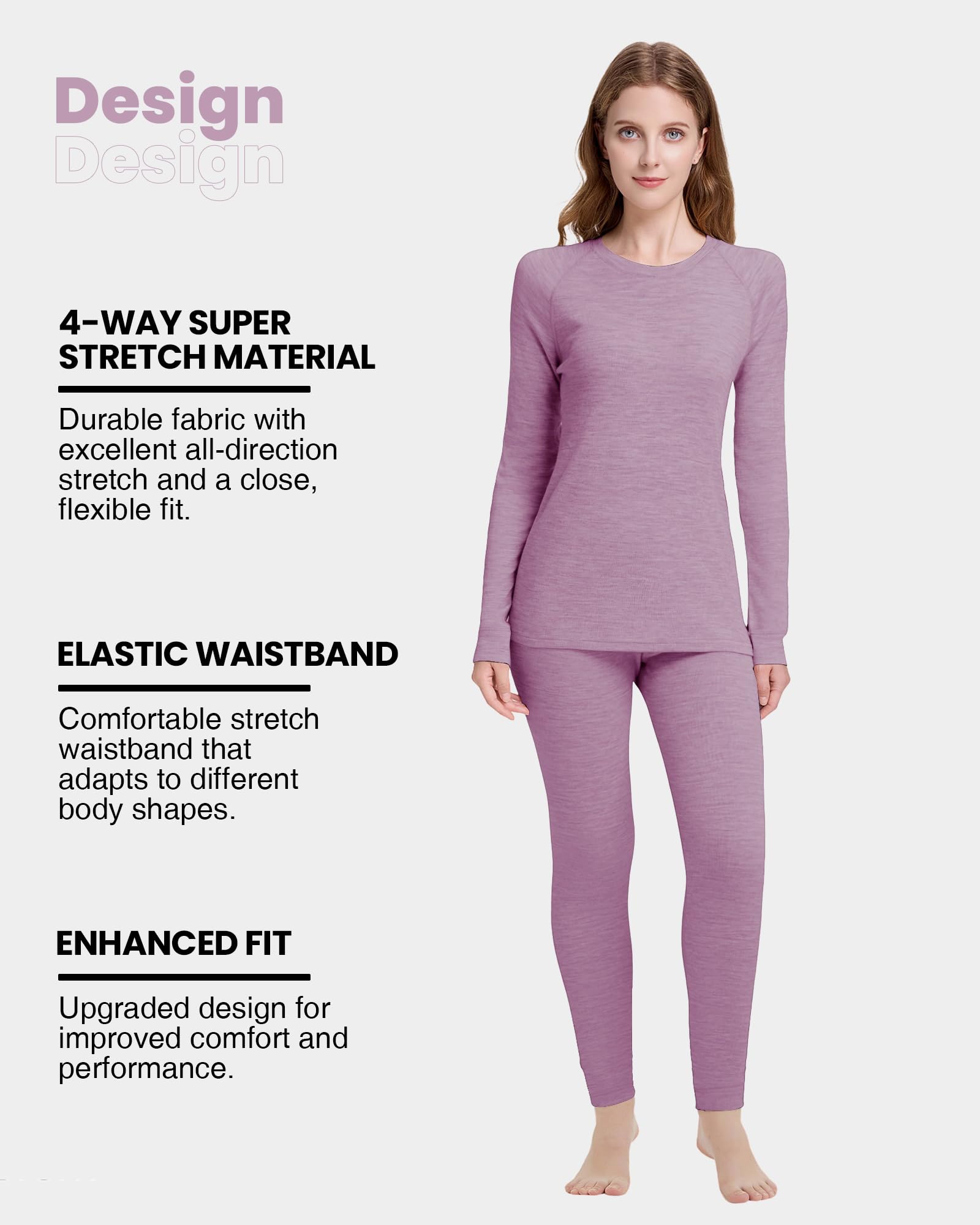 Conjunto de ropa interior térmica para mujer, 100 % lana merino, ropa interior ligera de esquí para mujer, suave y cálida