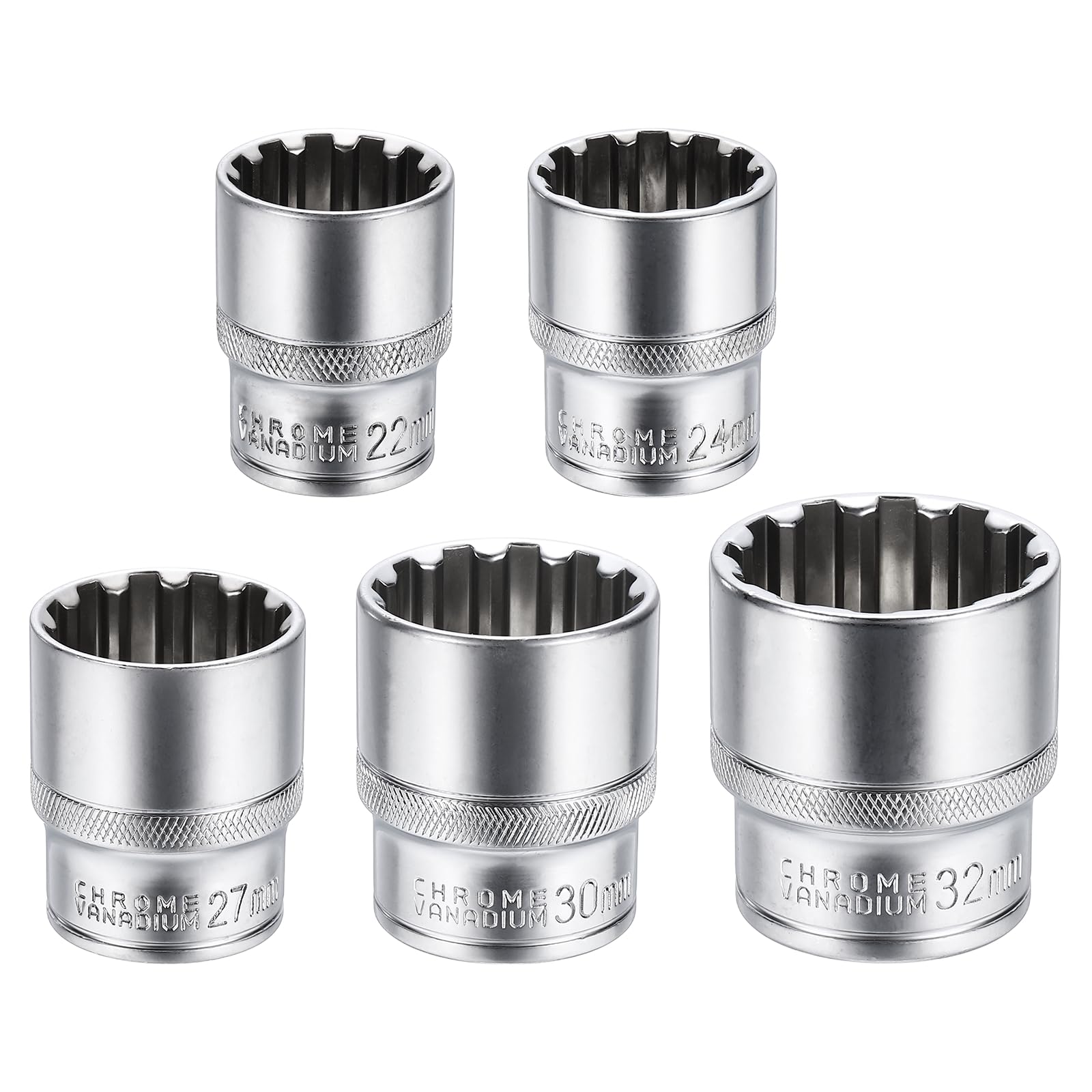 sourcing map 5pcs 12 Points Socket 1/2" Drive 22/24/27/30/32mm Metric Shallow Socket CR-V Steel Nickel Plating for Home Auto Nuts Bolts Repair