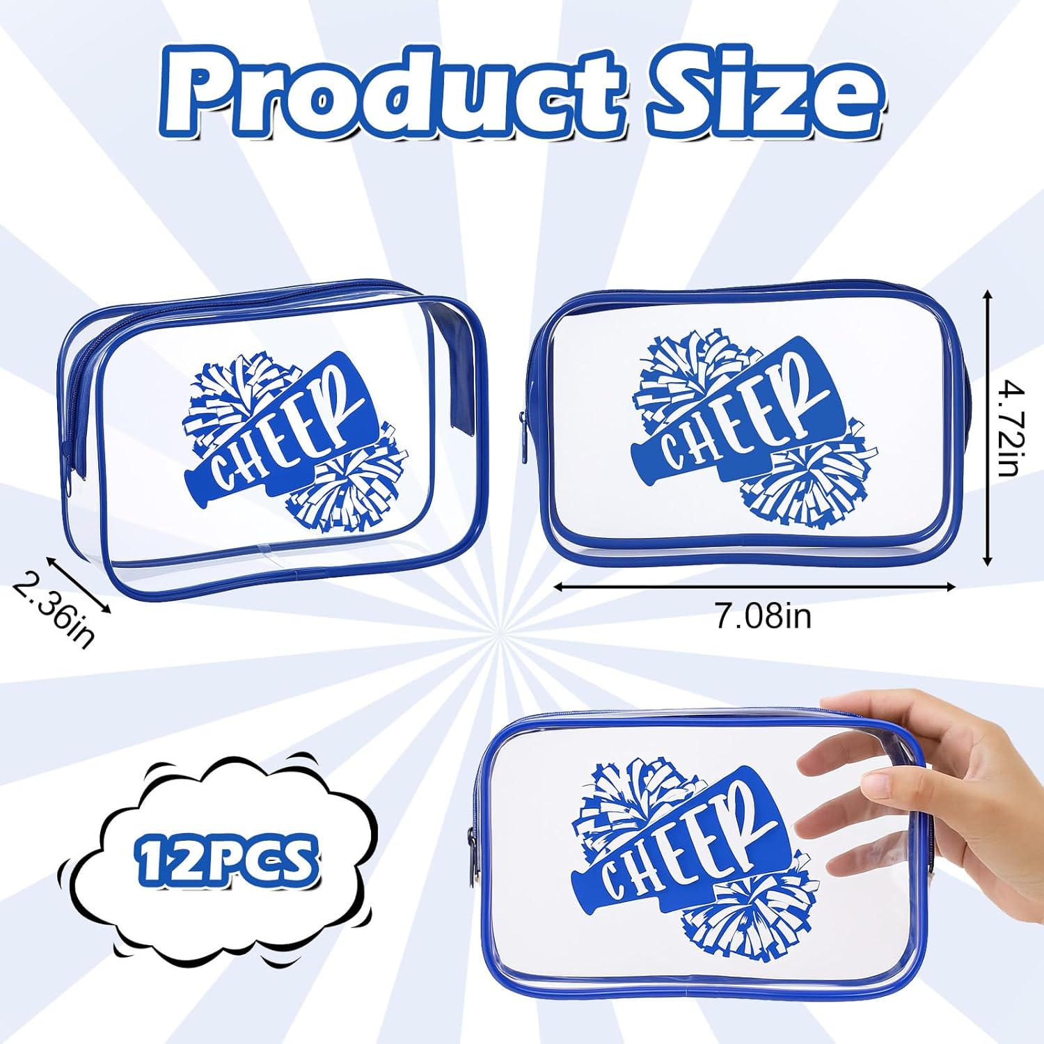 12 Pcs Cheer Makeup Bag Clear, Cheer Gifts Bulk for Team 7 x 4.7 x 2.4'' Cosmetic Bag Cheerleader PVC Makeup Case Clear Toiletry Zipper Pouch for Cheerleading Teammates Party Supplies, Blue - Image 2