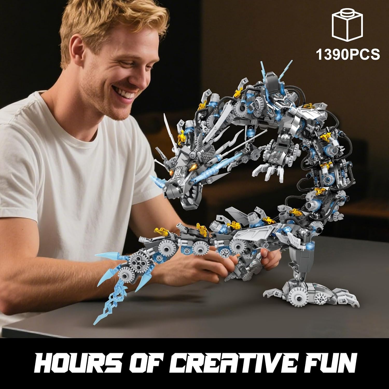 HIGH GODO Dragon Building Blocks Sets for Adults, 2 in 1 Grey Mechanical Dragon Animal Building Model Collectible Display Toys, Cool Creative Gifts for Teens Fans (1390 Pcs)
