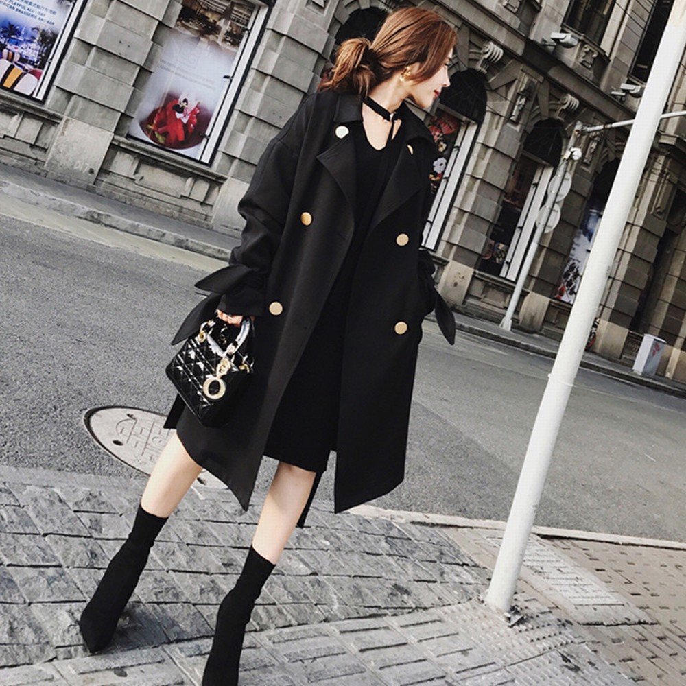 NSFYWindbreaker Women 'S Long Section of Autumn and Winter Lapel Double Breasted Black Lace Jacket Female,Black,L