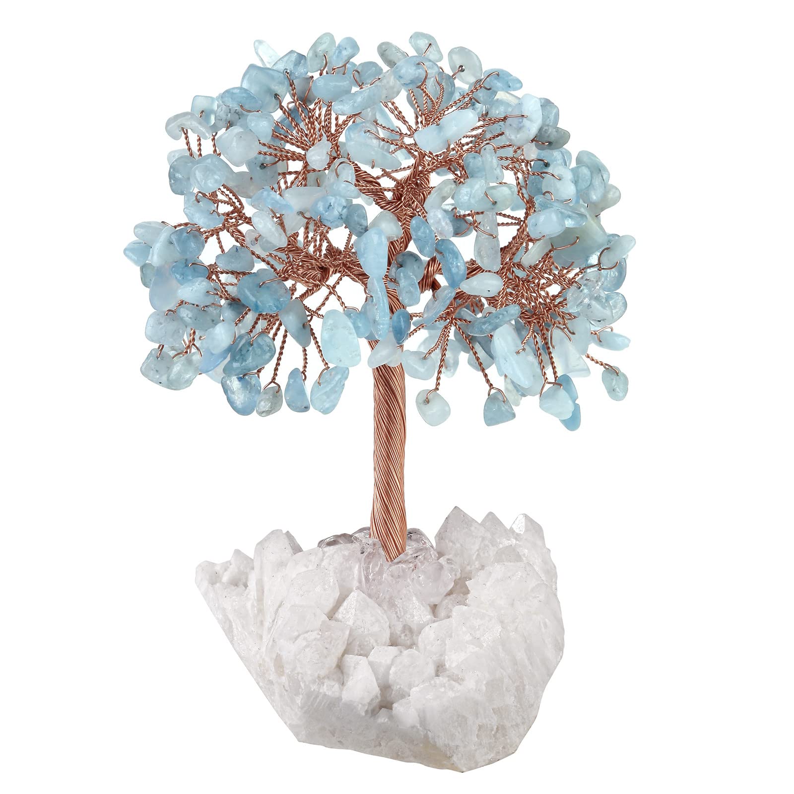mookaitedecor Natural Blue Aquamarine Crystal Tree of Life Ornament for Home Reiki Healing Crystal Money Tree Stone Bonsai Tree with Clear Quartz Base Feng Shui Ornament Gift for Wealth Good Luck