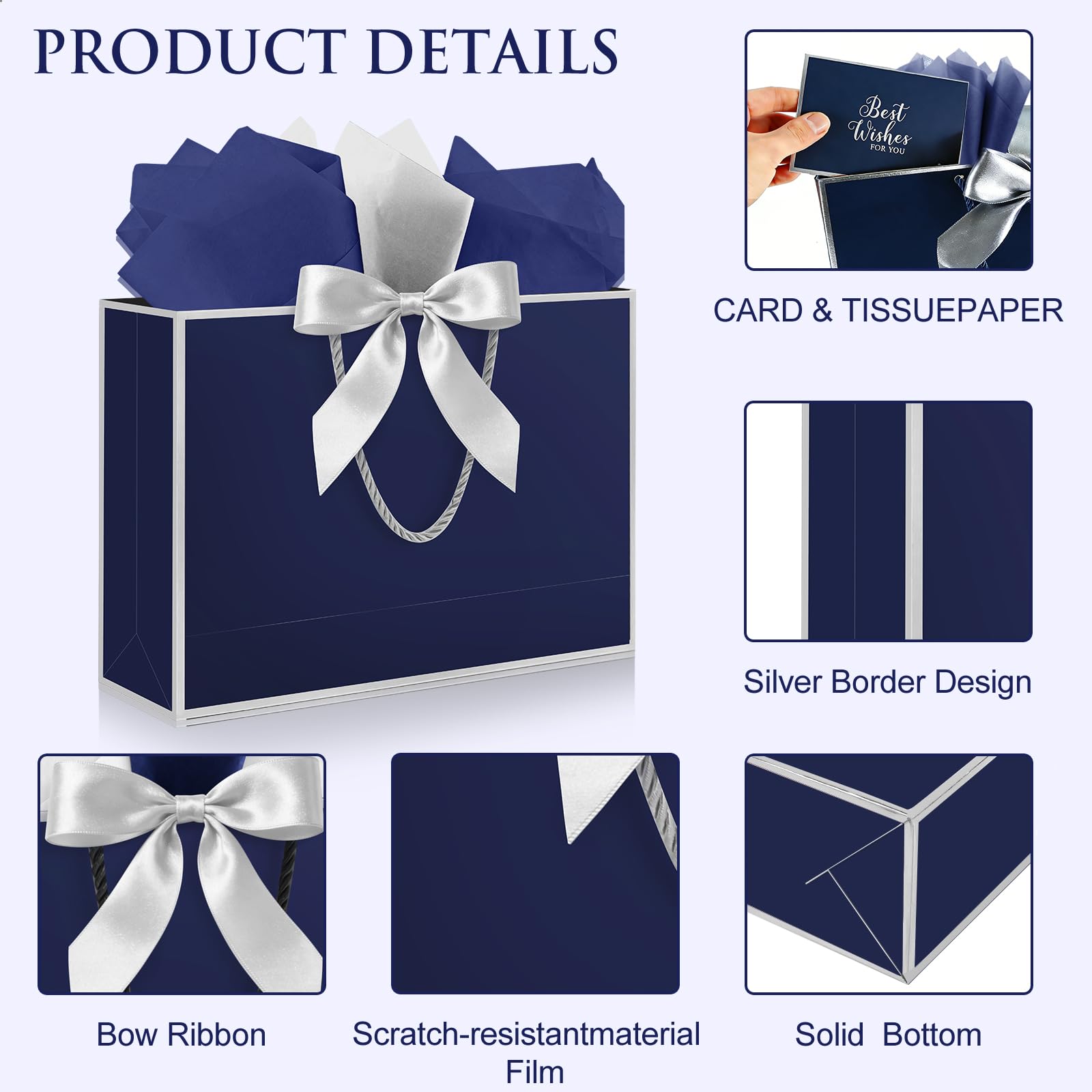 Ethhqu Fancy Large Gift Bags with Handles, 2 Pack 12.6x10x4 Inches - Includes Tissue Paper & Cards for Birthday, Valentine's Day, Baby Shower, Wedding, Anniversary & Holiday Gifts (Blue and Silver)