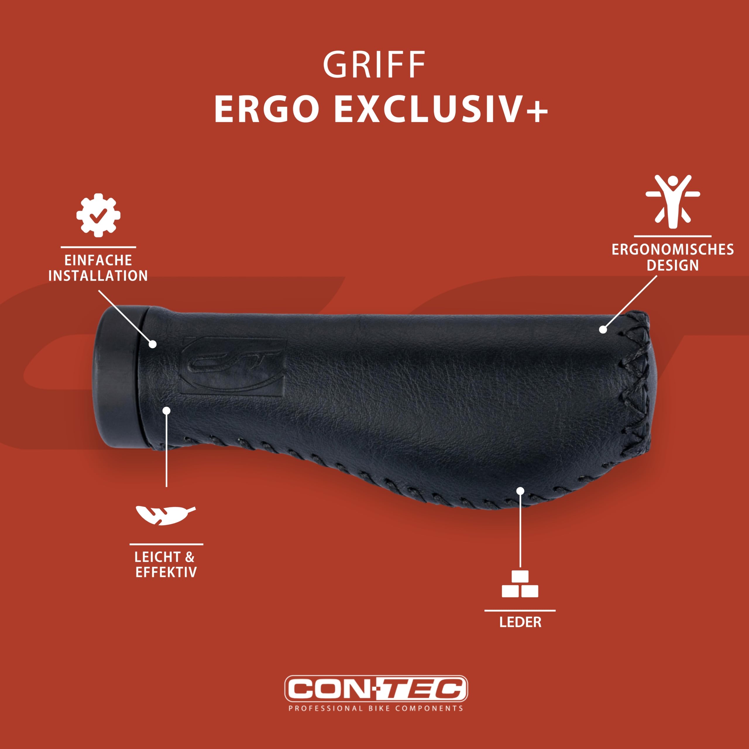 CONTEC Fahrrad-Griffe Ergo Exclusiv+, 135 mm, D3-Dreikomponenten, Leder, Ergonomisch, Stoßdämpfend, Für City- und Trekkingbike, Paar